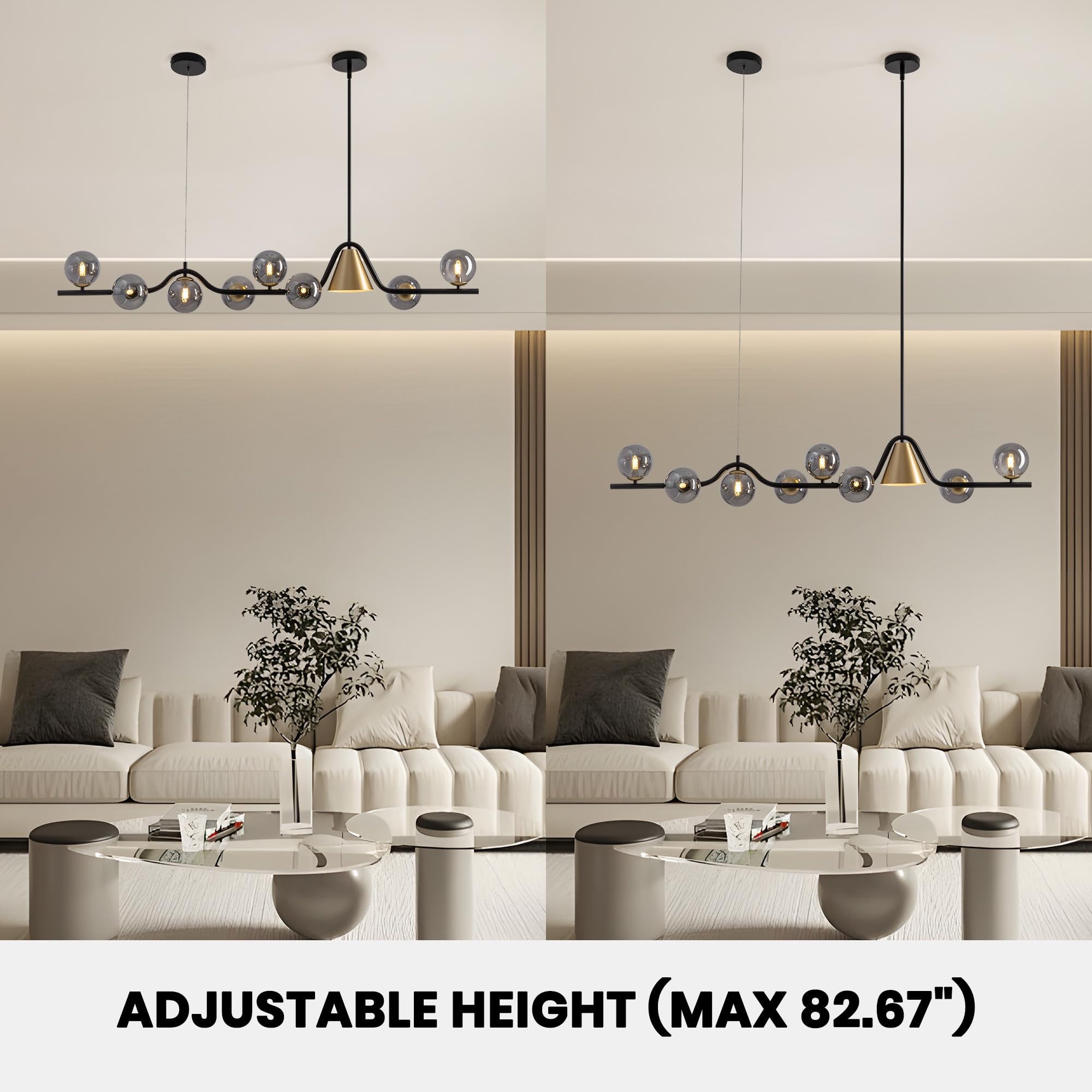 7PMBEANE Mid Century Modern Chandelier, 9 Light Rectangular Black and Gold Sputnik Fixture, L55" Model HLP389BL+G-9A