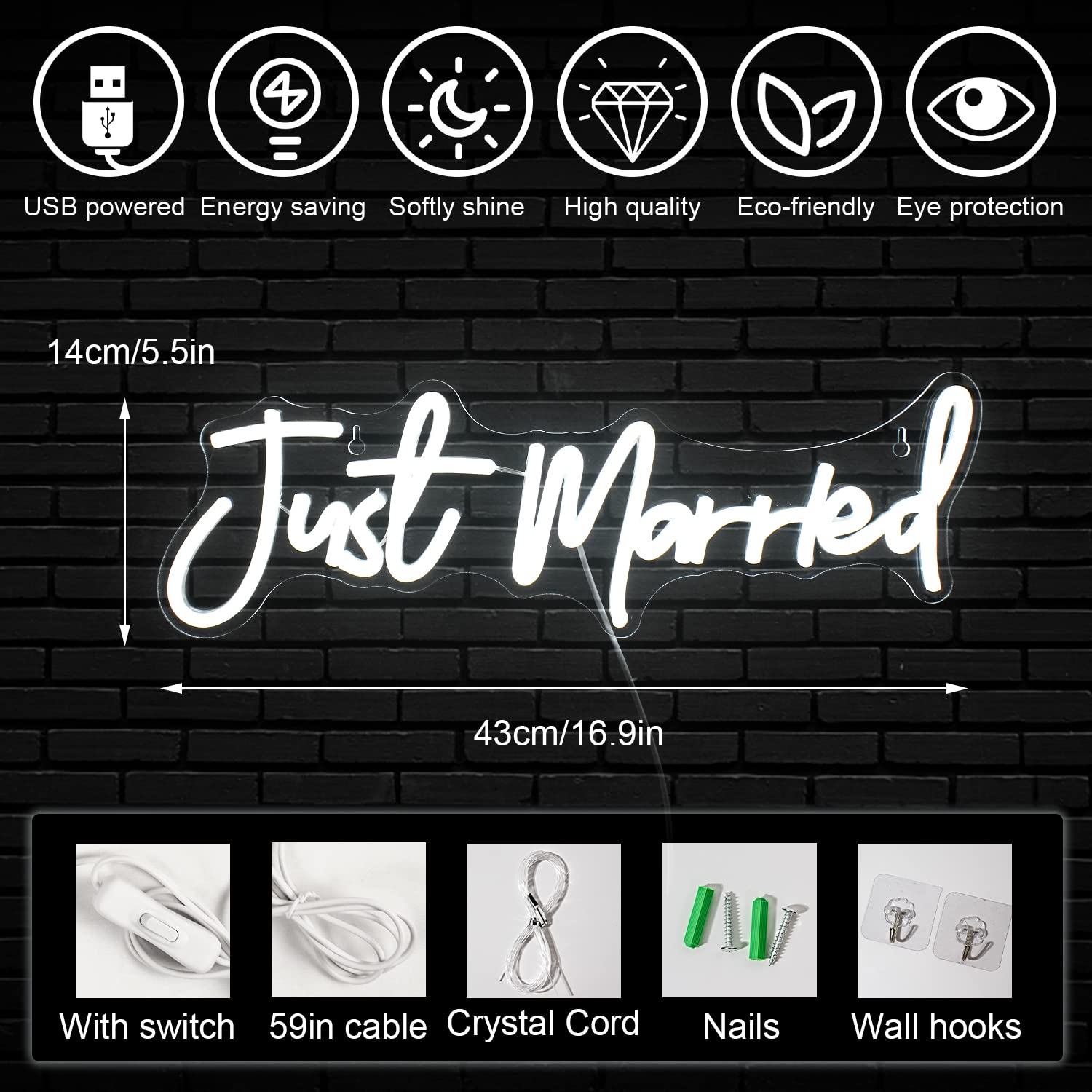 Horseneon Just Married Neon Sign - White LED Wall Decor for Wedding, Proposal, Engagement - Model Just Married-1186