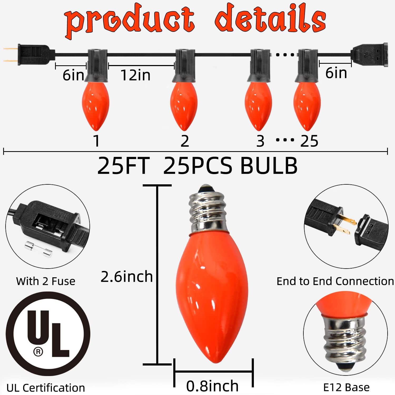 Sotopoo C7 Led Orange Halloween Lights, 25Ft Ceramic Orange Halloween Lights Outdoor Indoor With 25 Led C7 Bulbs, Great As Halloween Home Yard Door Tree Party Decorations Lights (2 Led Spare Bulbs)