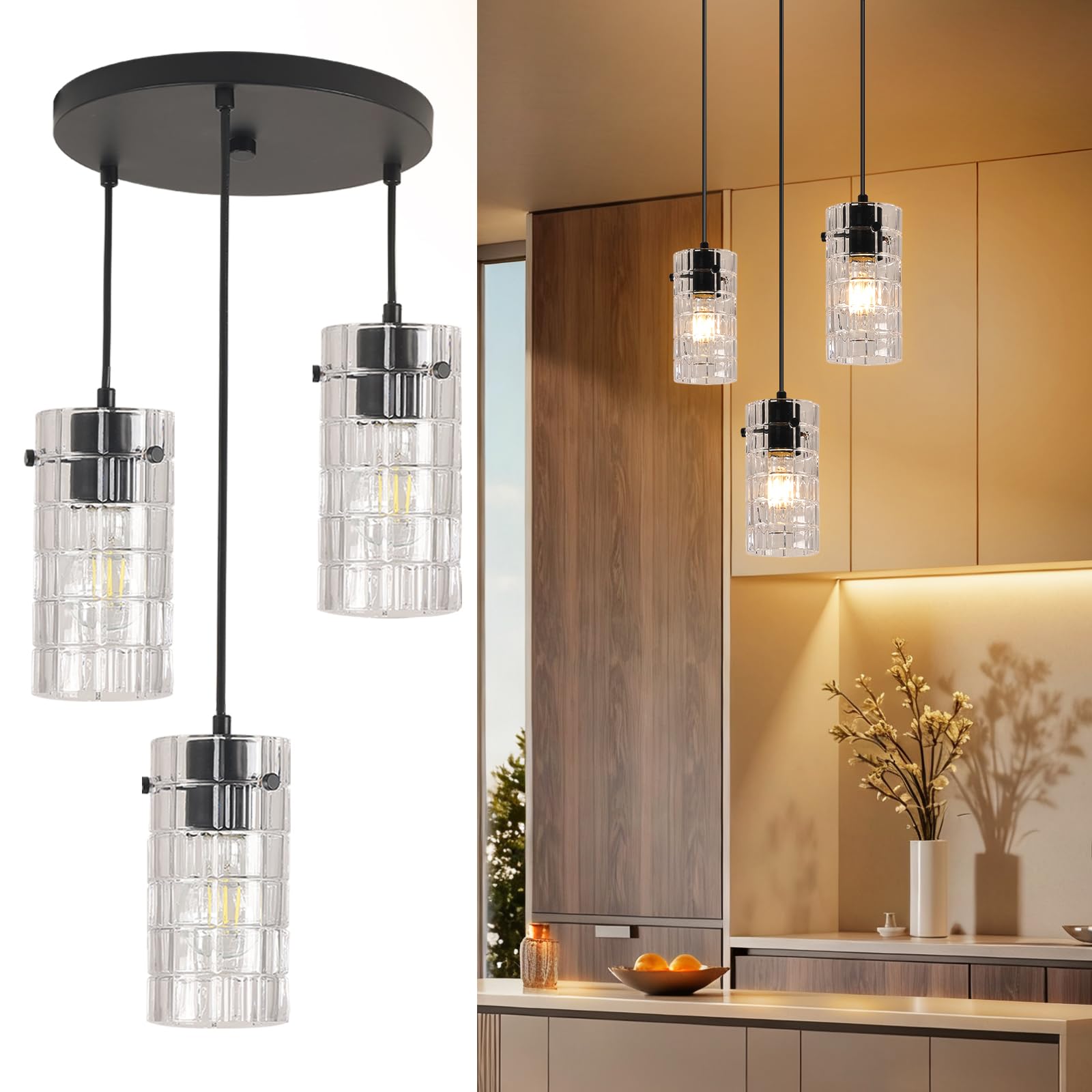Black Glass Pendant Lights  Pendant Light Fixtures  Pendant Lights For kitchen island Living Room  With Meatel Adjustable Hanging Rod (3 Lights)