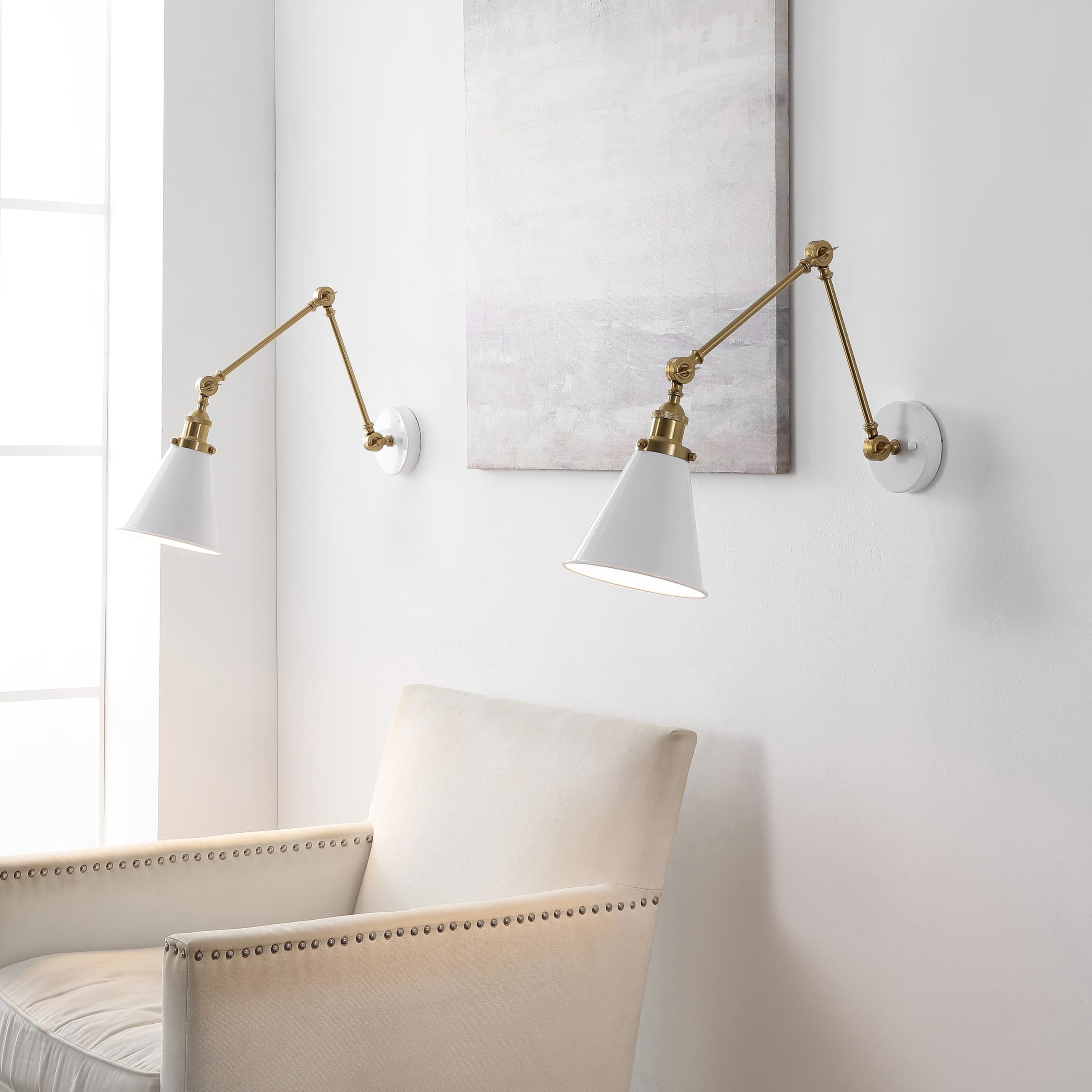 Jonathan Y Jyl7462B-Set2 Rover 7'' Classic Industrial Metal Adjustable Arm Led Wall Sconce, White/Brass Gold (Set Of 2) For Bedr
