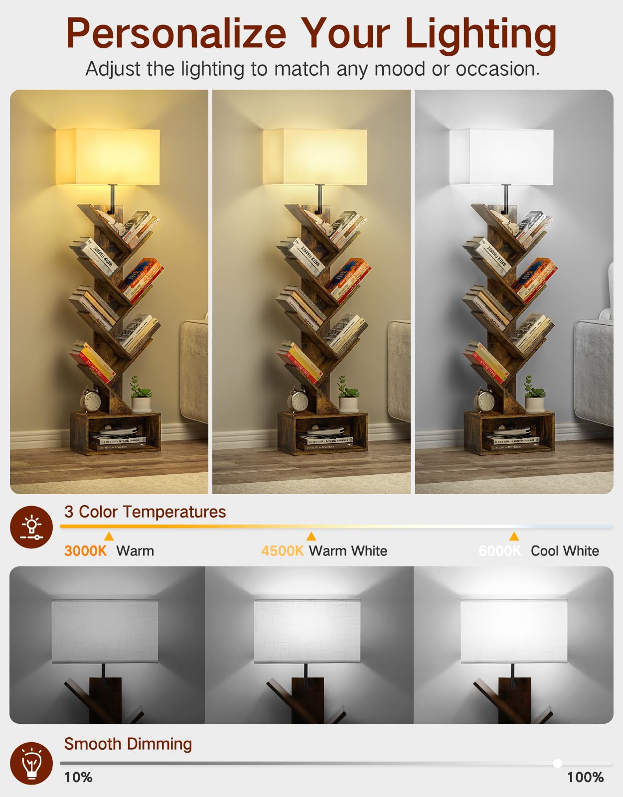OUTONLIFE 6 Tier Tree Bookshelf, Rustic Brown Wood, 56.7"H x 14.6"L x 7.9"W, Modern Design with Light, Remote & Timer