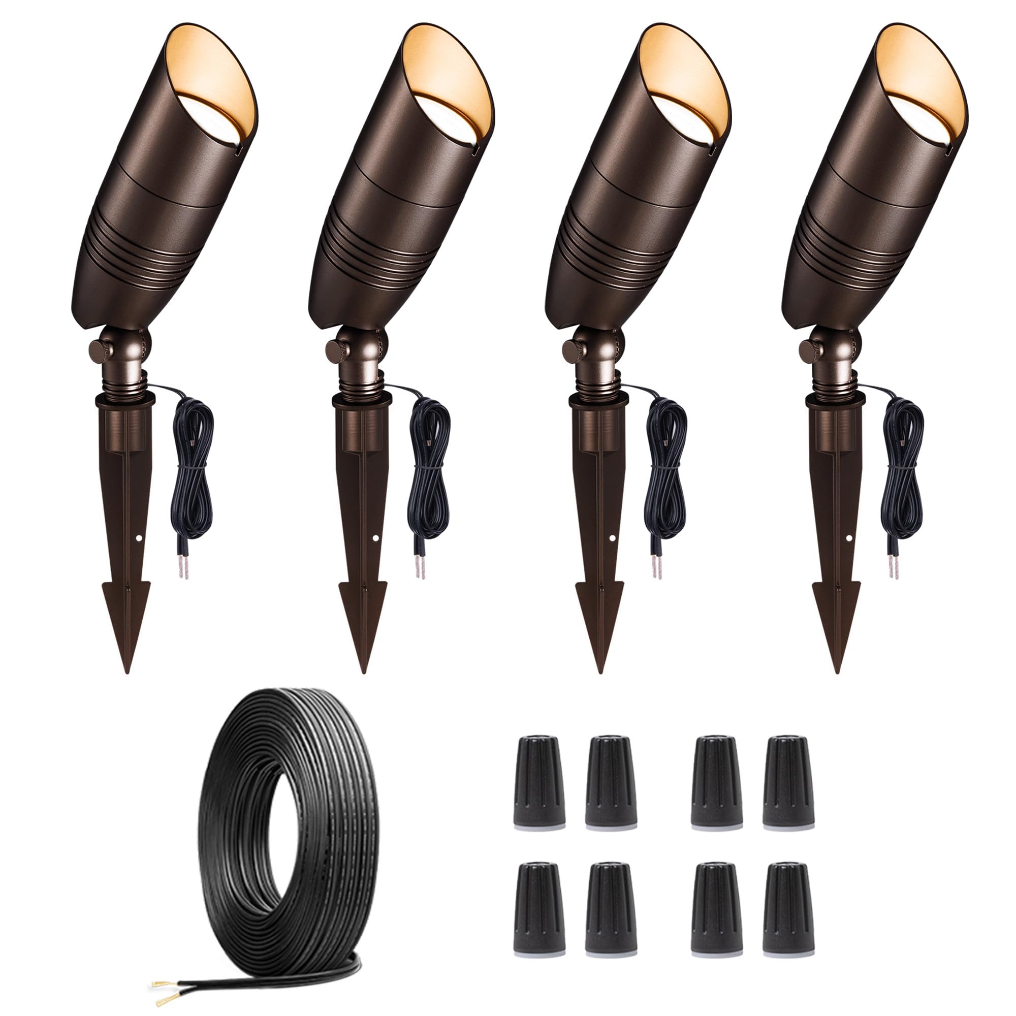 Varmtalys Low Voltage Landscape Lighting Kit, 4 Pack 3000K/4000K/5000K Spotlights and 100FT Cable and 20 Wire Connectors, Alumin