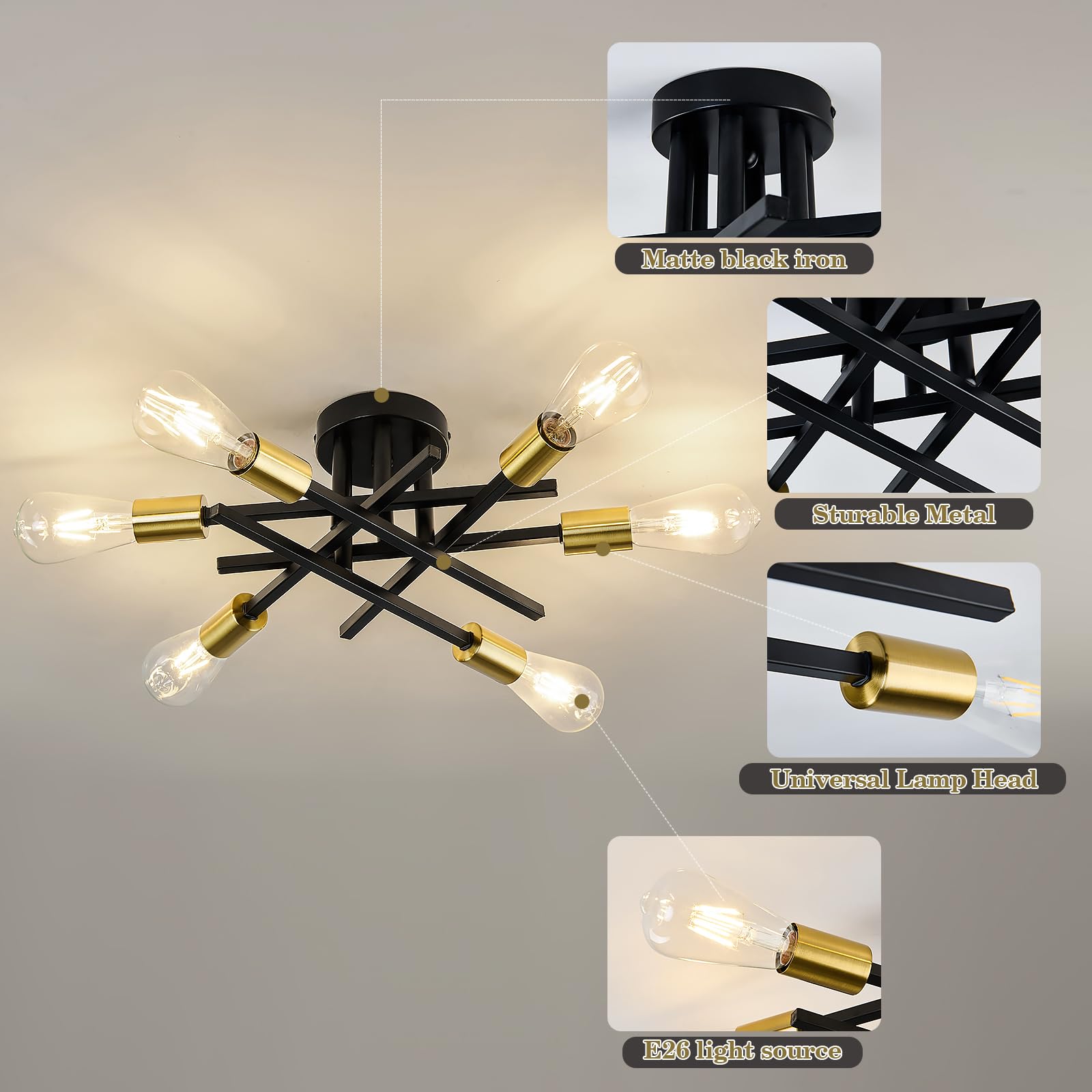 Asgyisa 6-Lights Sputnik Semi Flush Mount Ceiling Light Fixture Modern Metal Black And Gold Chandeliers With E26 Bulb Base Close