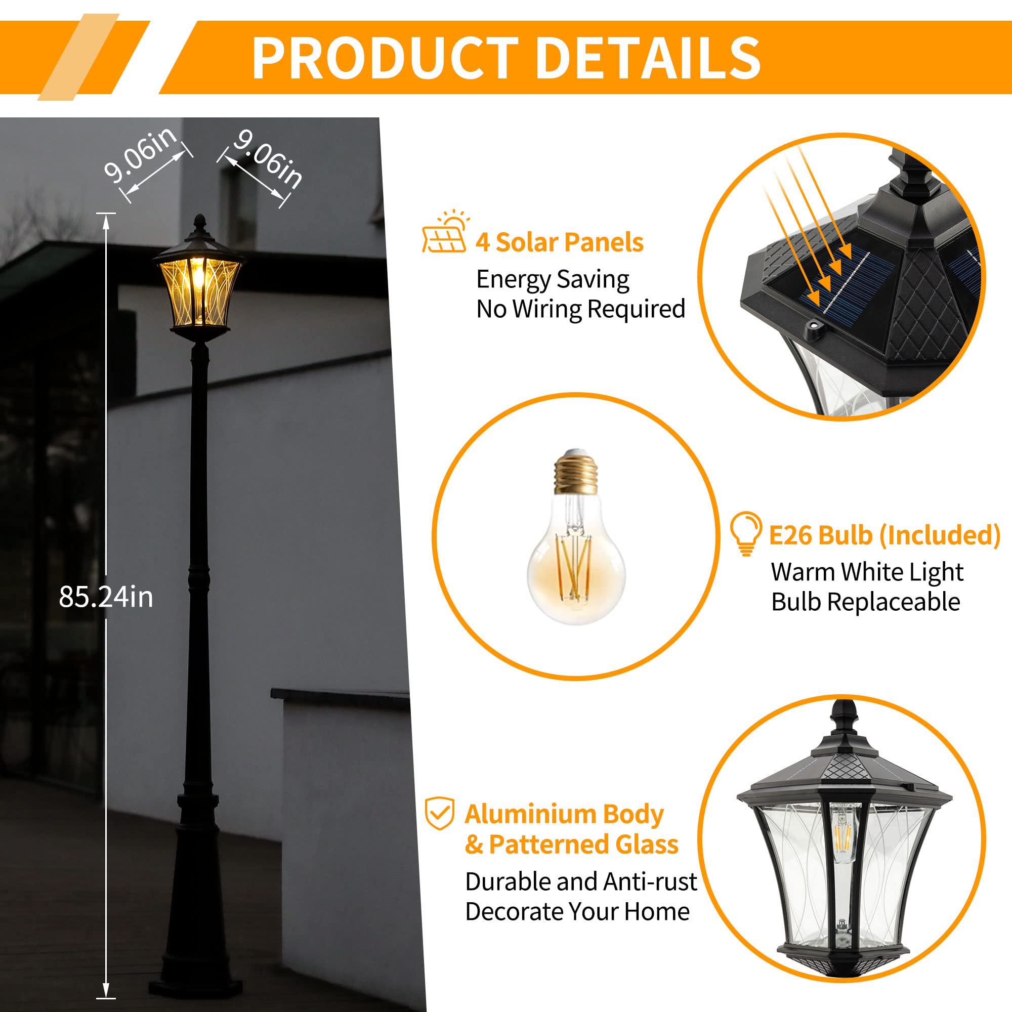 LUTEC Solar Lamp Post Light - Vintage Black, Dusk to Dawn, Waterproof Aluminum, Model 6906101012 for Garden, Patio, Pathway, Yard