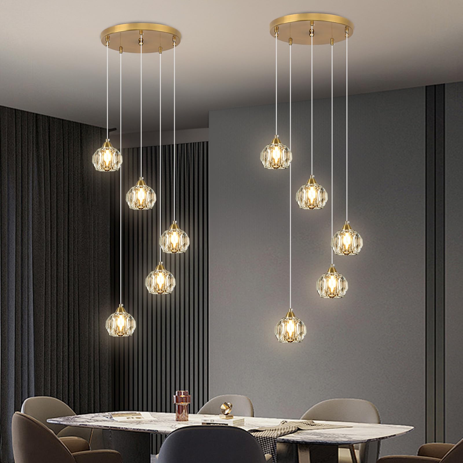 Weesalife 5-Light Crystal Chandelier, Gold Brass Pendant Light Fixture, Model A8817 for Dining Room, Kitchen, Living Room