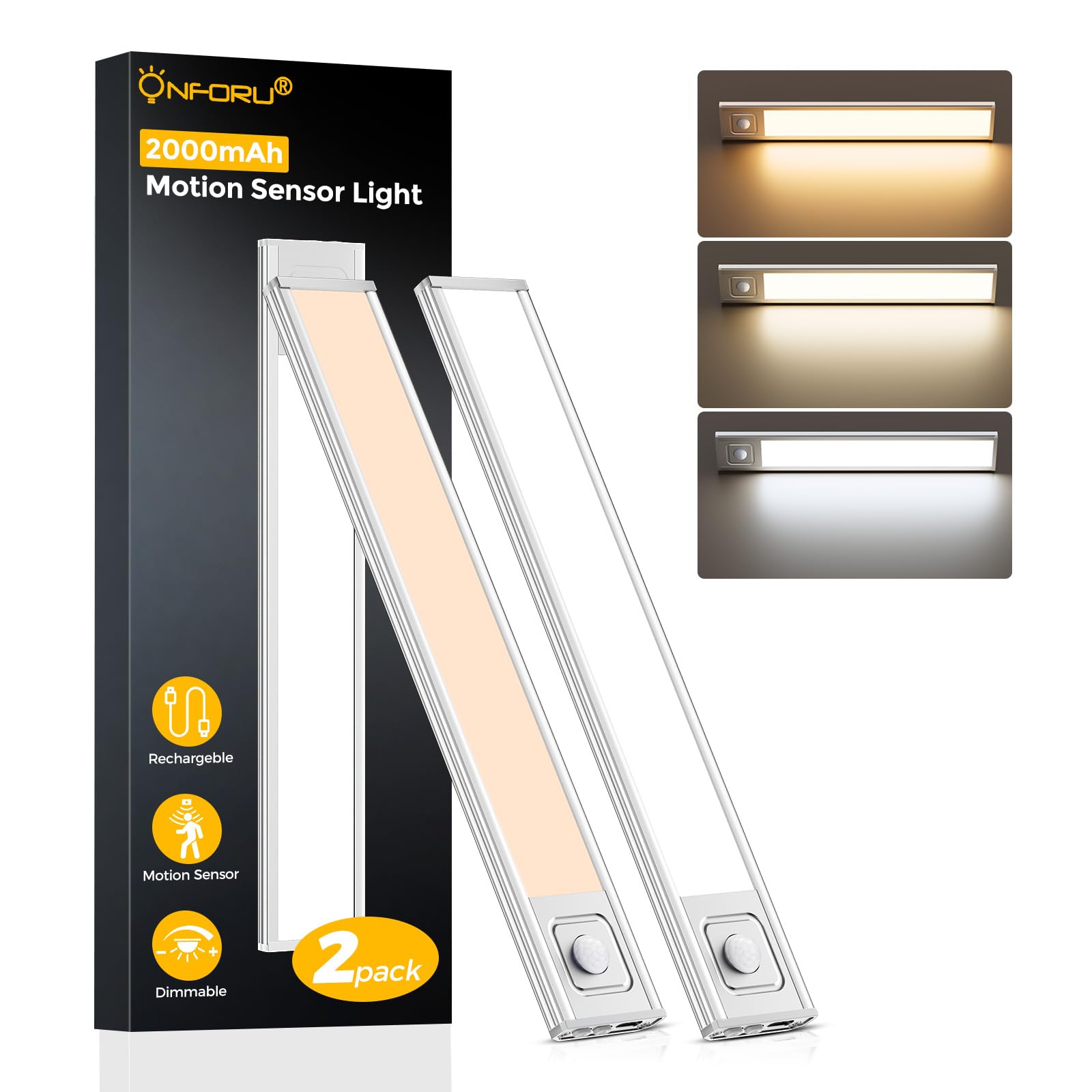 Onforu 9.8 Under Cabinet Lighting  2000Mah Usb-C Rechargeable  Motion Sensor Under Cabinet Lights With 3 Color & Dimmable  Magnetic Under Counter Lights For Kitchen  Closet  2 Pack