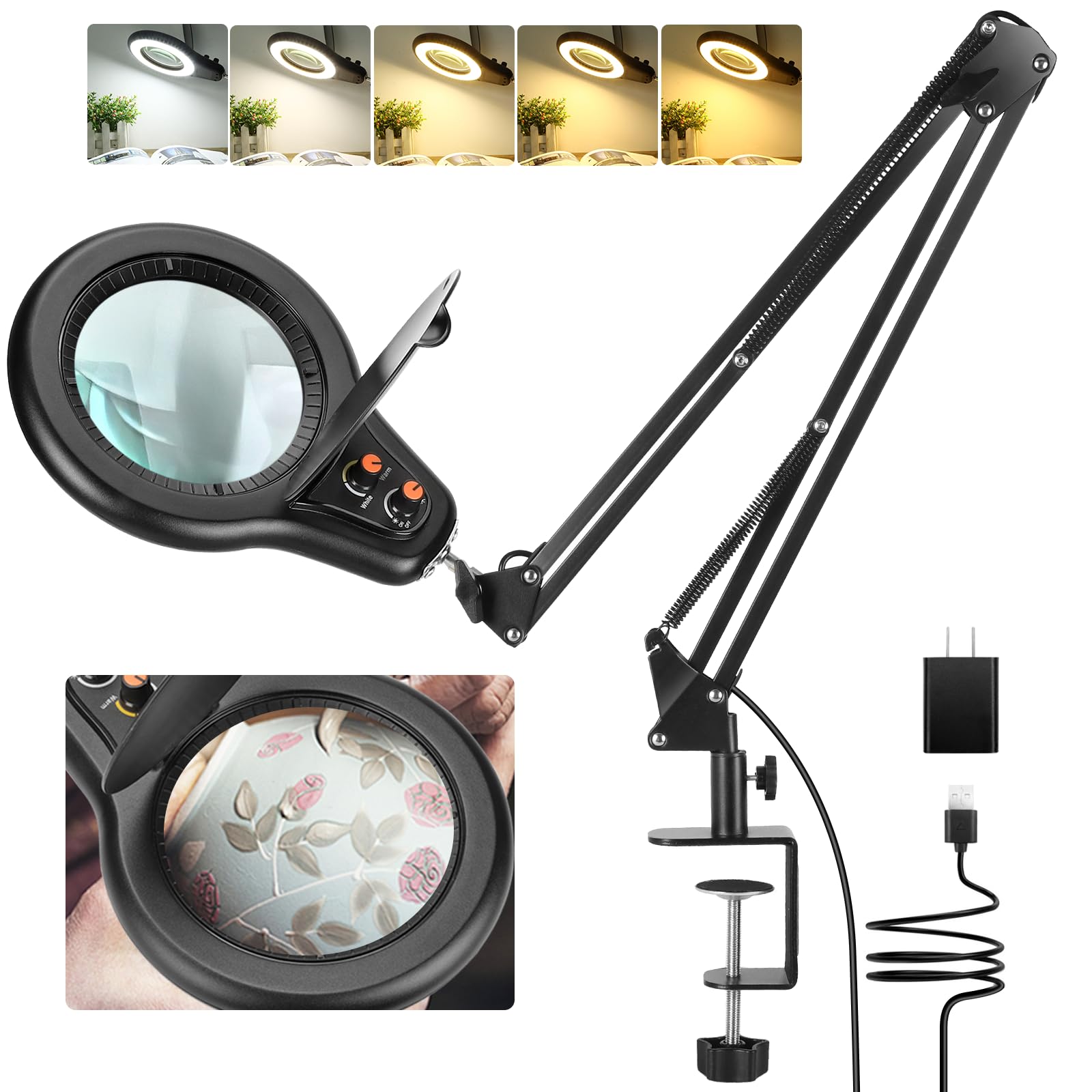Jeedefi 10X Large Magnifying Glass with Light and Clamp, Mechanical Knob Stepless Dimmable, 2*16 Inch Swivel Arm LED Magnifying 