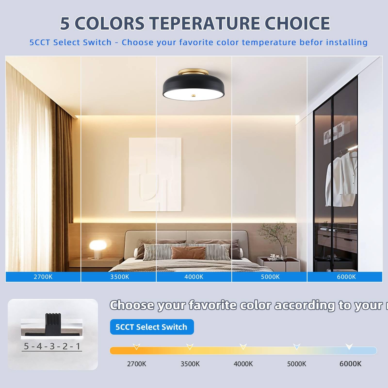 Zuyurt Dimmable Modern Led Ceiling Light,Mid-Century Black And Gold Semi Flush Mount Ceiling Light, With Acrylic Shade, 5Cct 270