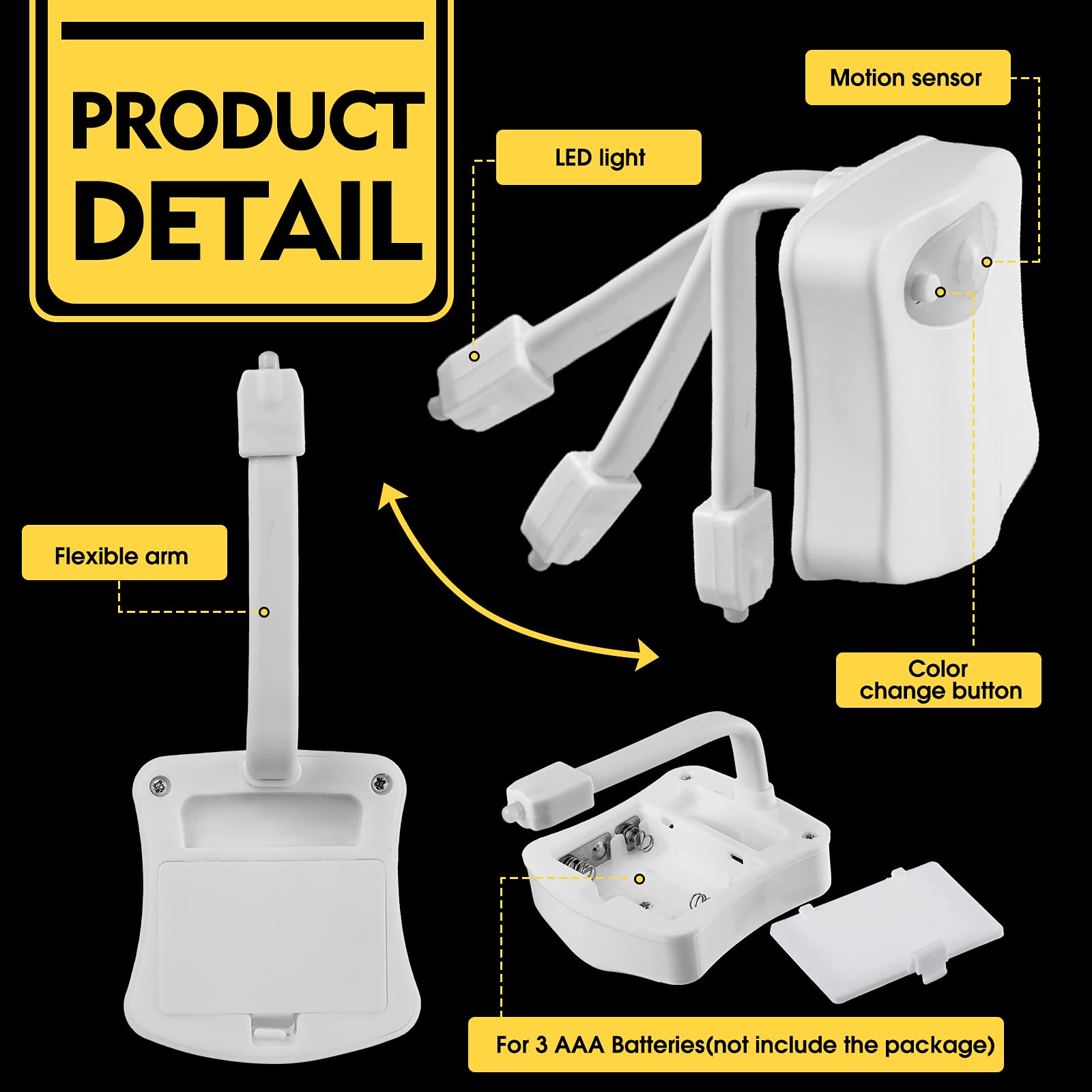 Honoson Toilet Night Light Lamp, Motion Activated, 16-Color, PVC Material, Model S7882, Battery Not Included