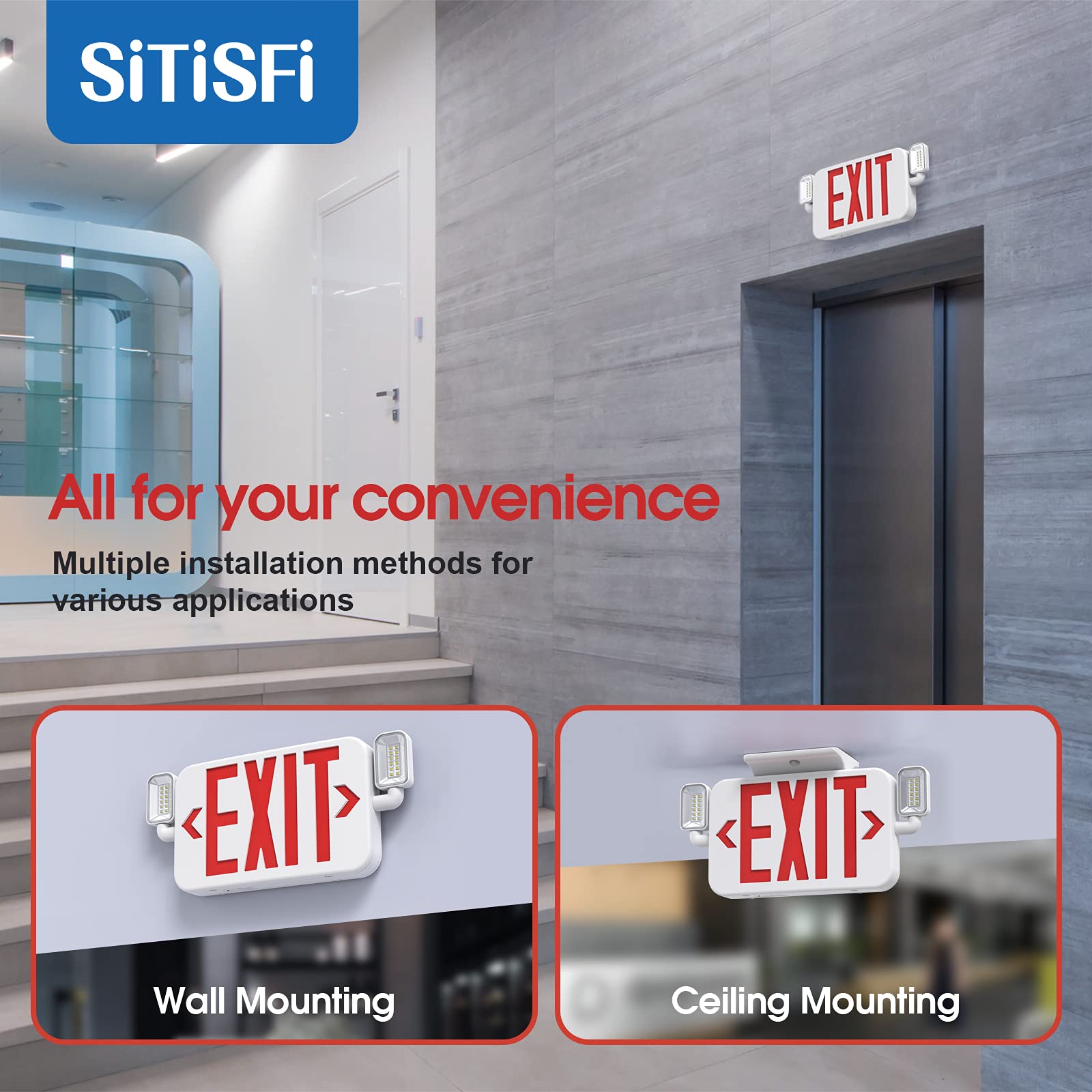 Sitisfi Led Combo Emergency Exit Sign Light With Two Adjustable Head Lights And Backup Battery Exit Light,Us Standard Red Letter Commercial Emergency Exit Lighting,Ul 924,Ac120/277V (4Pack)