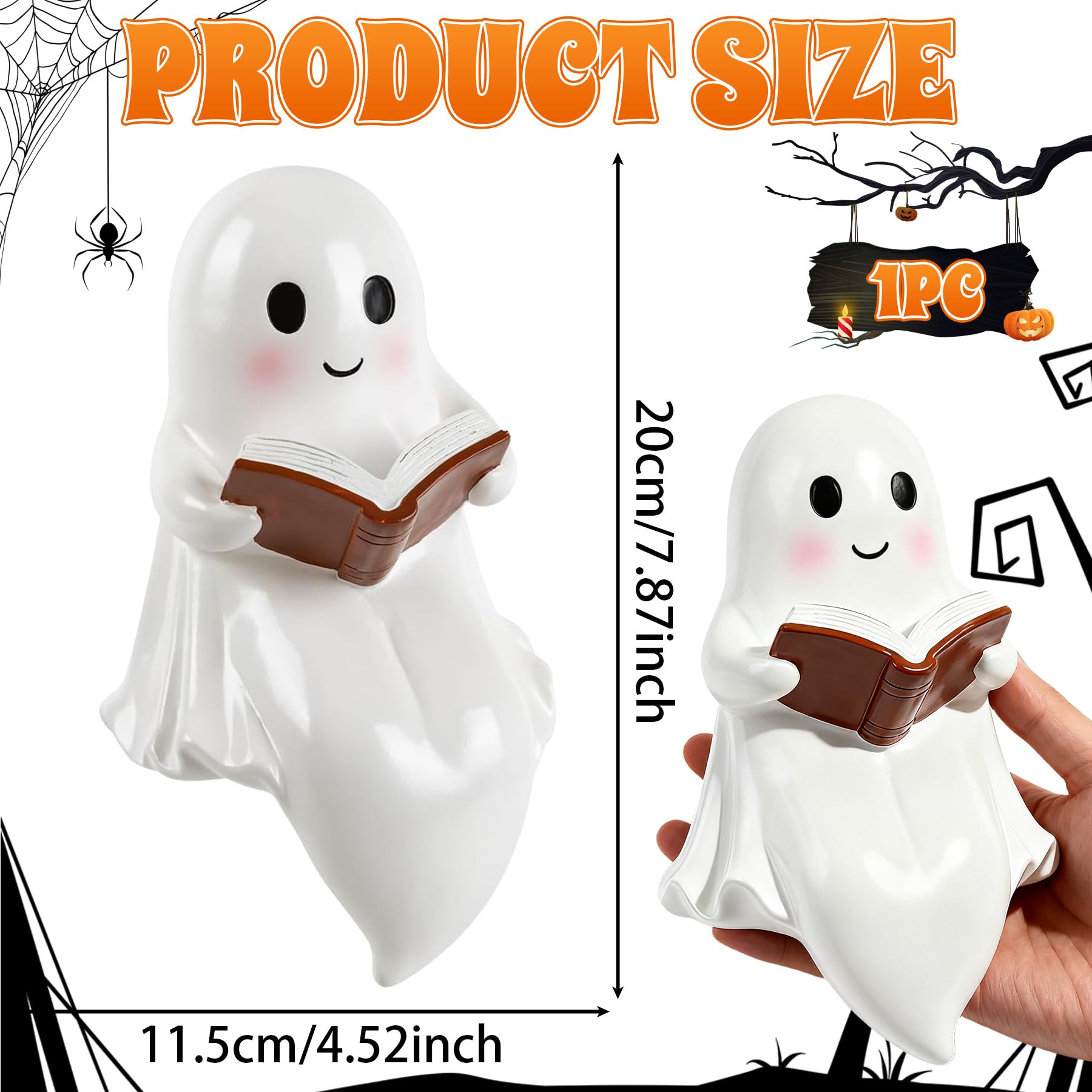 Ghost Reading Book Lamp  7.8In Ghost Night Light  Cute Halloween Ghost Figurines Statue Decor  Funny Night Lamp Statue For Bedrooms  Study Rooms  Living Rooms  Halloween Decorations Gifts (Big)