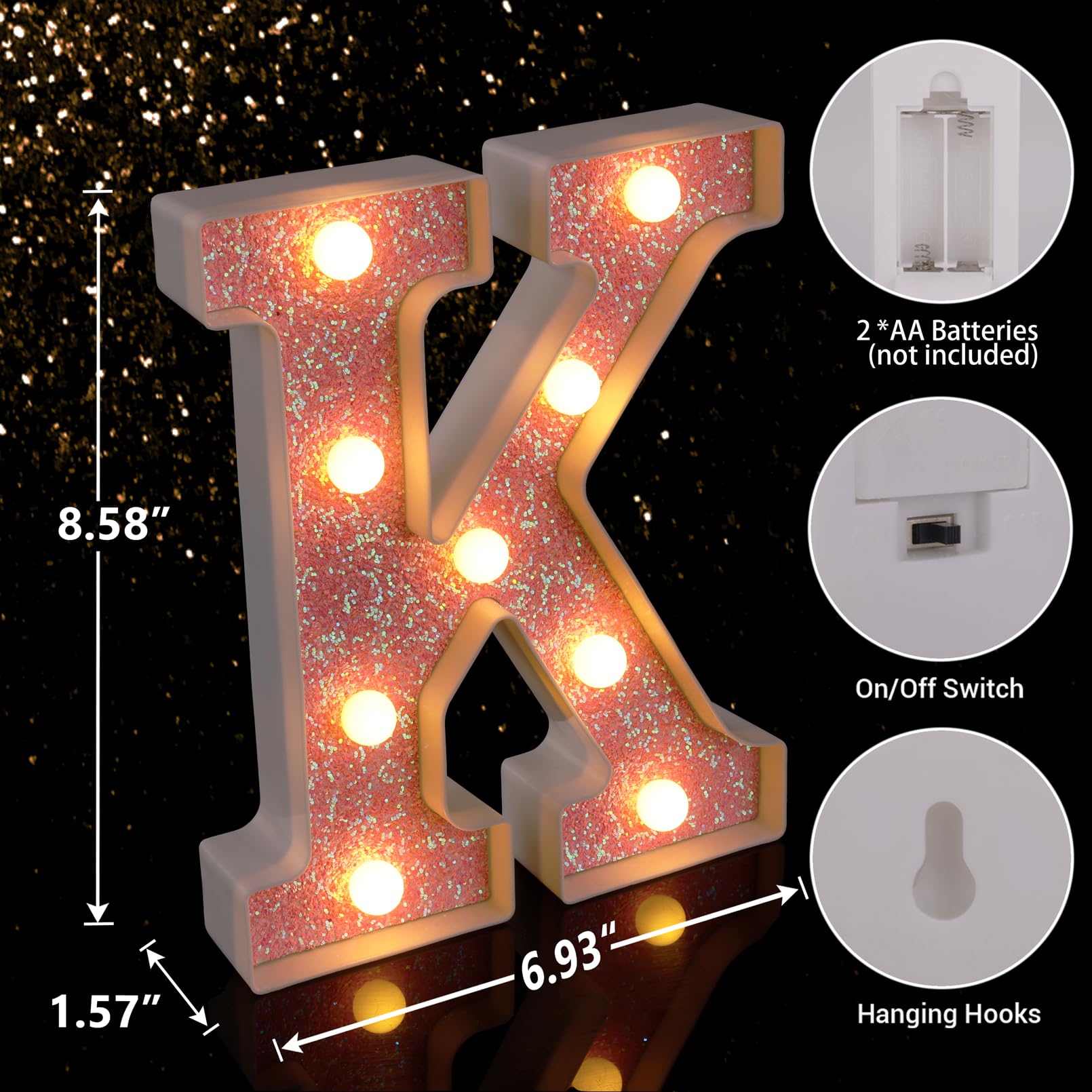 TRONSBOO LED Letter Light - Pink Glitter Marquee Sign, Battery Powered, Model Pink-Light-K, Home Party Decoration, Letter K