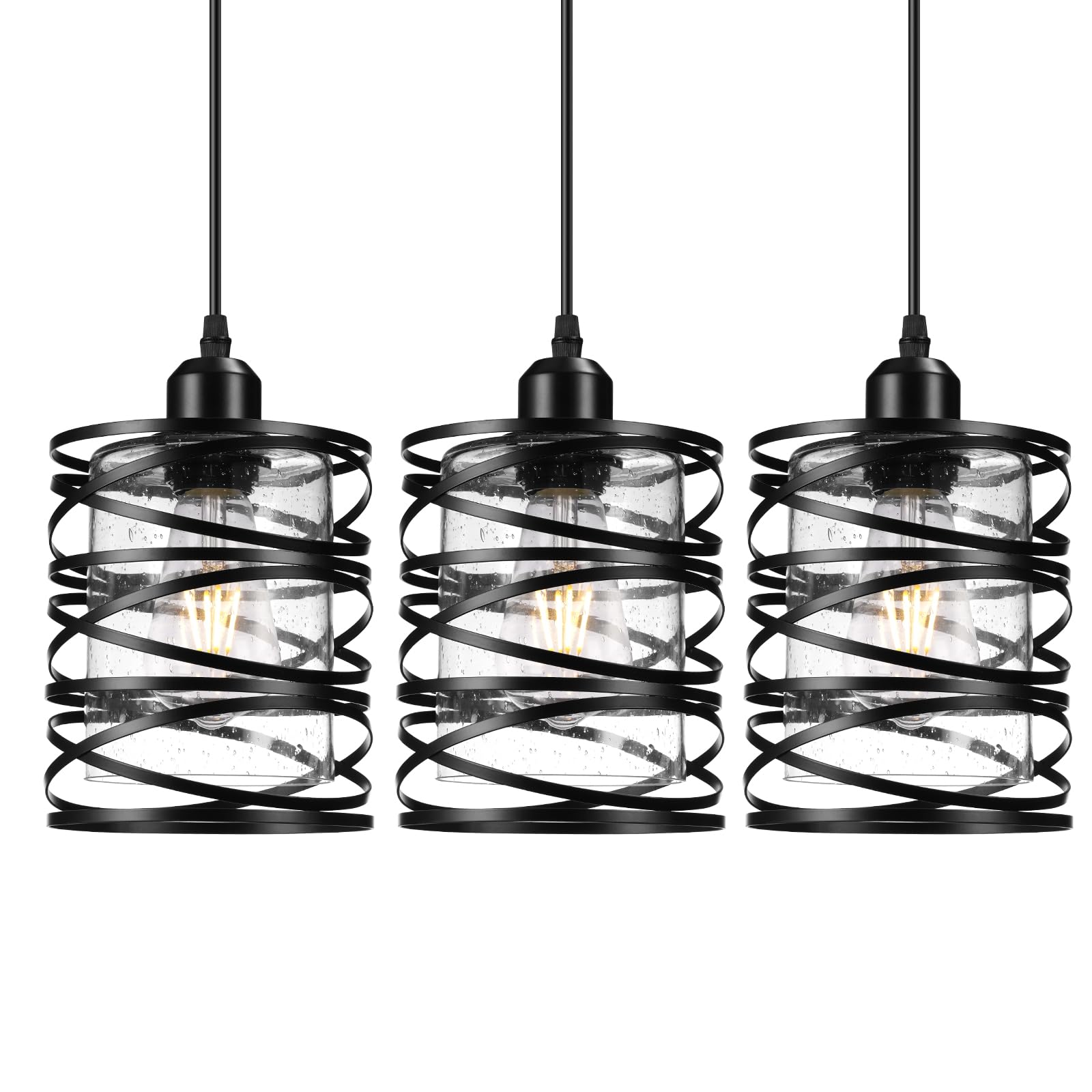3 Pack Industrial Pendant Lights Kitchen Island, Black Hanging Kitchen Lights, Adjustable Kitchen Pendant Lighting Over Island, Modern Seeded Glass Shade Island Lights For Kitchen, Dining Room, Bar