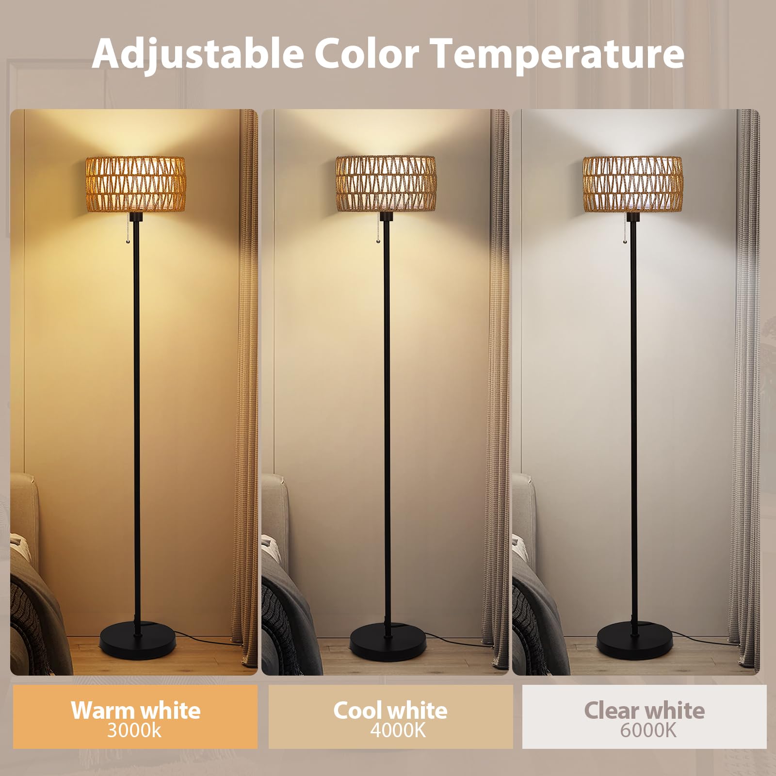 Netin Rattan Floor Lamp For Living Room, Boho Standing Lamp With 3 Color Temperatures, Farmhouse Floor Lamp Wicker Lamp Double S