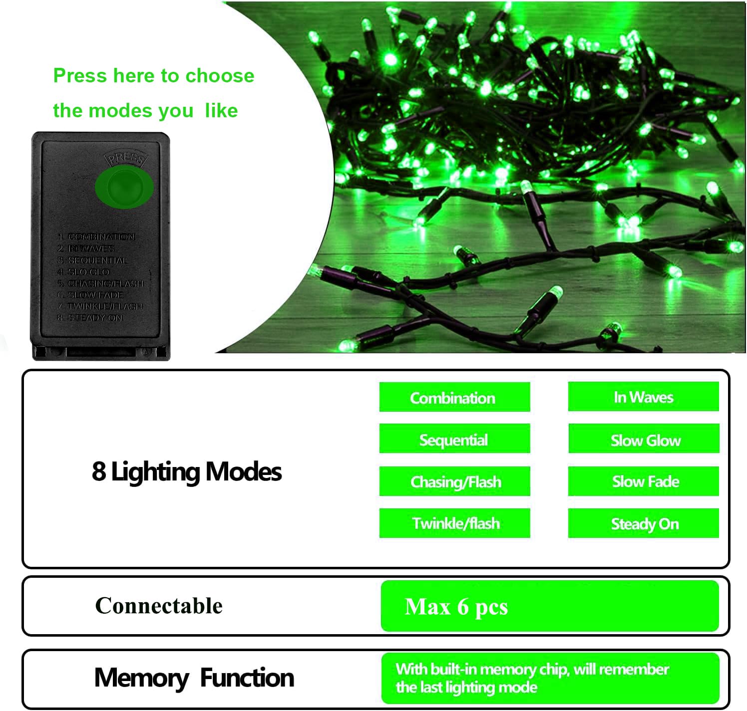 Fullbell Green Lights St Patricks Day Decorations 33Ft 100 Led Outdoor Indoor String Lights Memory Function 8 Modes Extendable For Xmas Tree Party Wedding Garden Yard Decoration (Green)