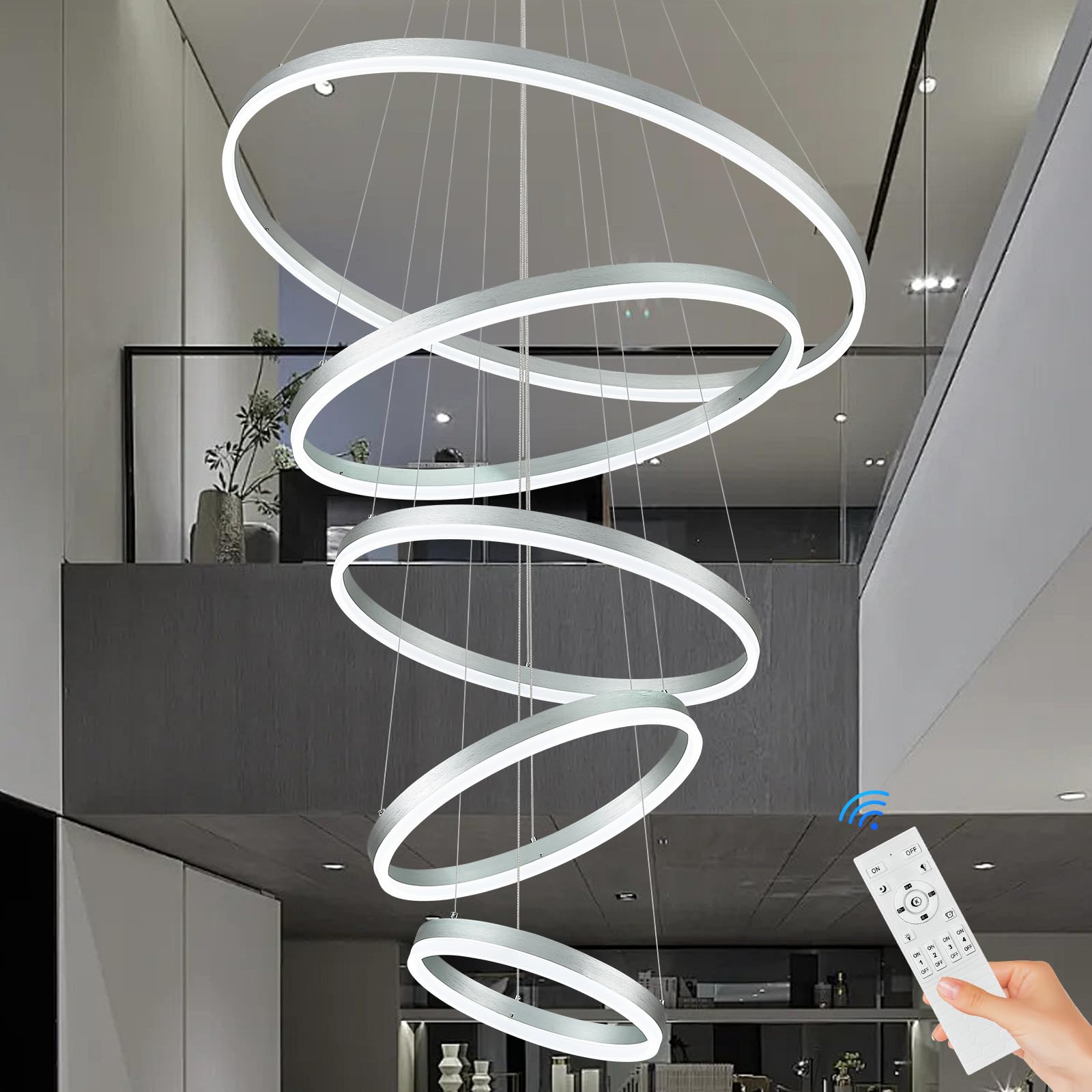 Sparklelf LED Chandelier, 5 Rings, Dimmable, Remote Control, Silver, 31.5in, Model SE-P60-5SDC1