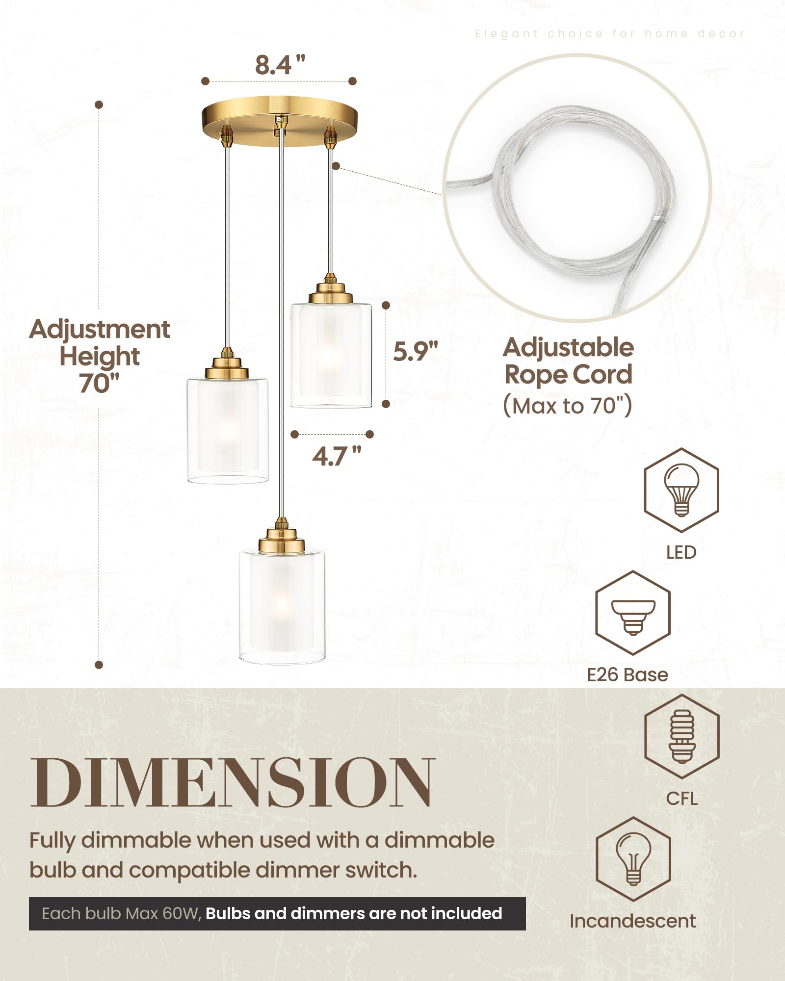 Tengxin 3 Light Pendant Light,Brushed Gold Modern Pendant Light For Kitchen Island,Dual Glass Shade,Farmhouse Pendant Lighting F