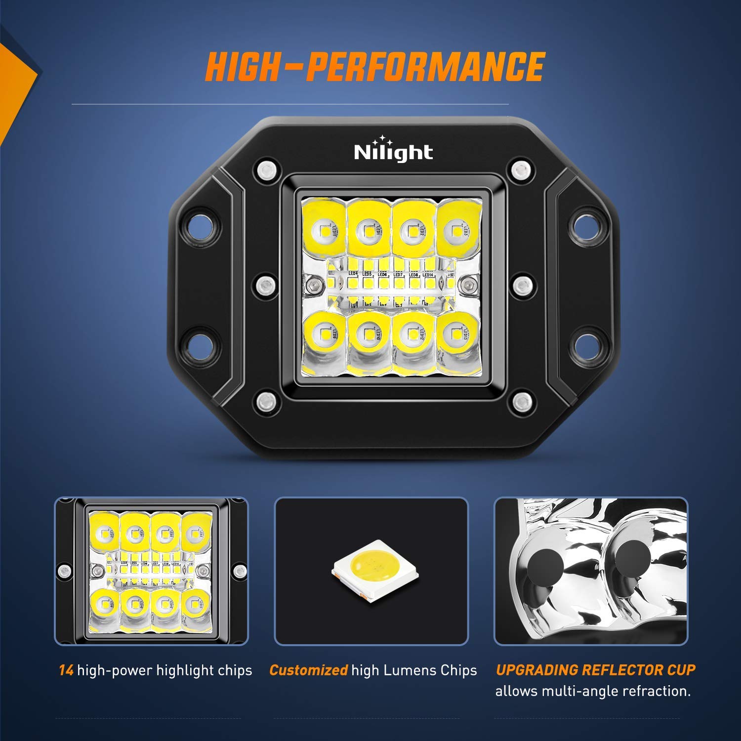 Nilight 2PCS 42W Flush Mount LED Light Pods Spot Flood Combo Backup Reverse Driving Headlamp Mount on Bumper Grille for 4x4 Offr