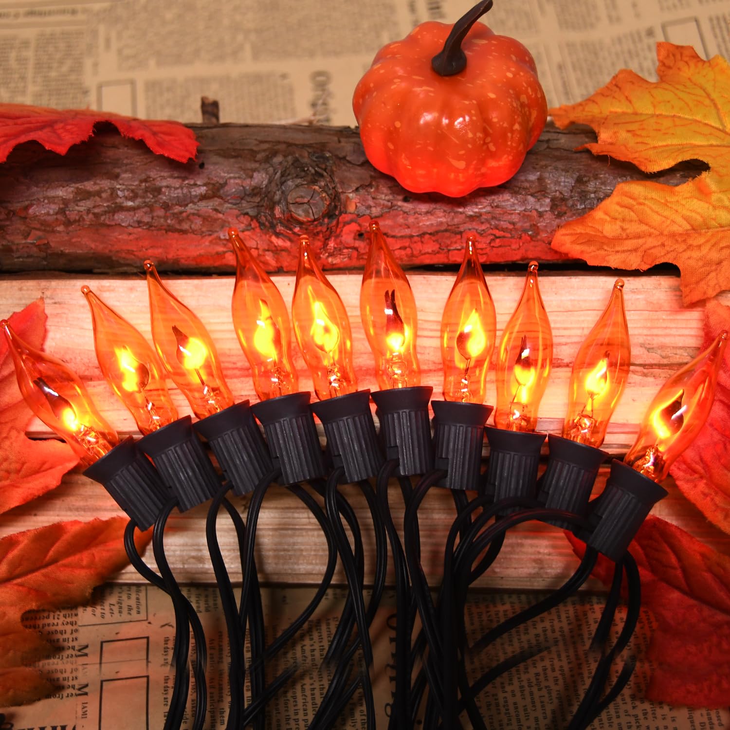 SOTOPOO Fall Decor String Lights - 12.8FT Orange Flickering Flame Effect, 12 Pack C18 Glass Bulbs, Model ULP(7)-LR(10)(1W