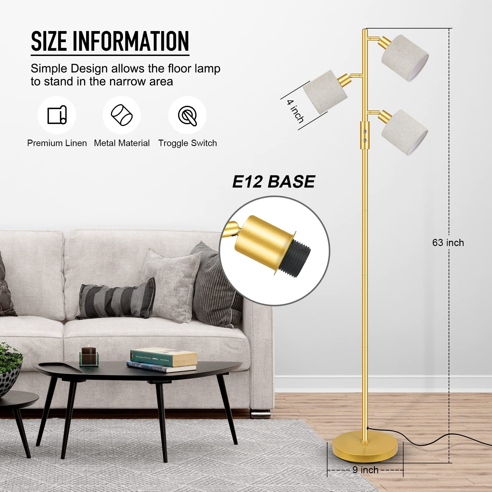 Gold Floor Lamps For Living Room, 3 Color Temperature, Standing Lamp With Shade For Bedroom, Reading (5W Led Bulbs)