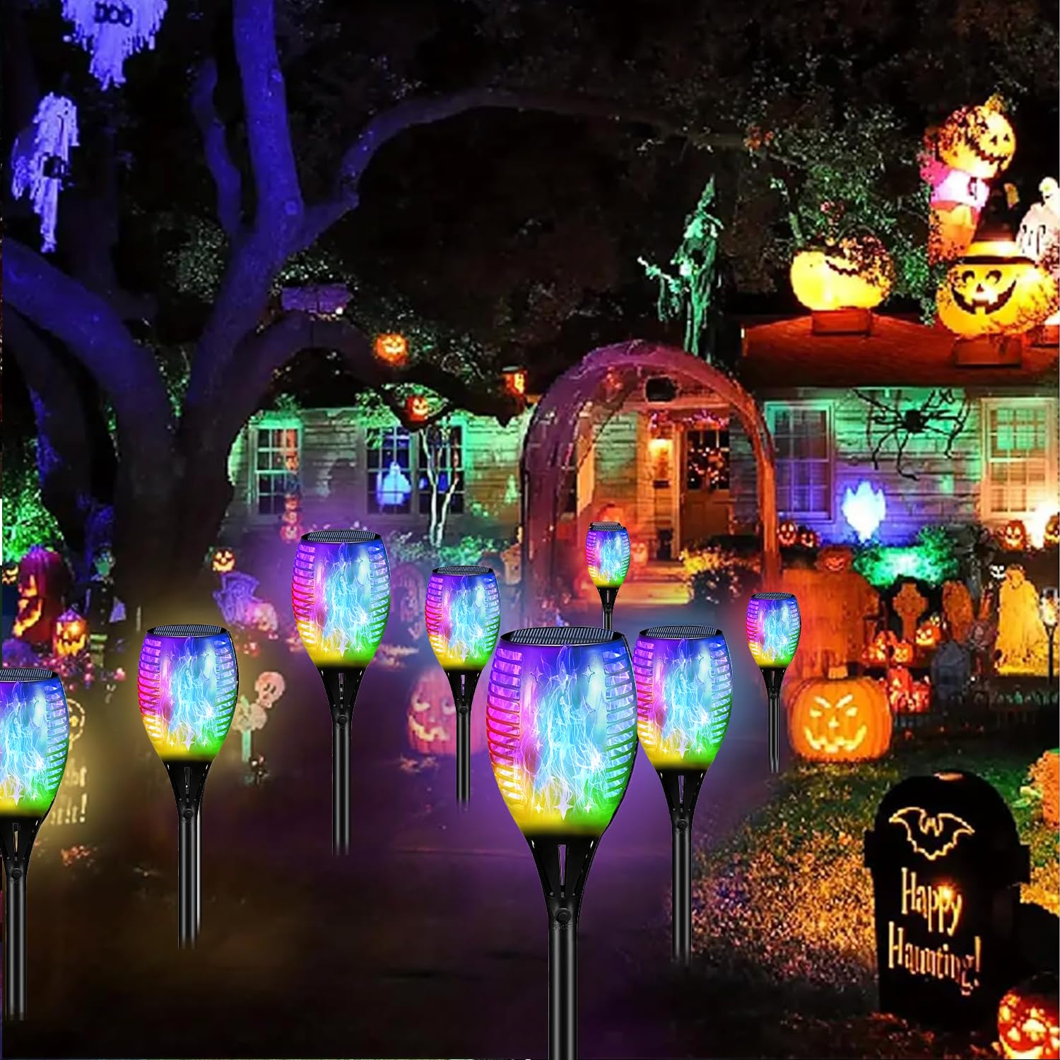 Youngpower Multi Color Halloween Rgb Christmas Outdoor Solar Torch Lights, Flickering Flame Solar Garden Lights Decoration Water