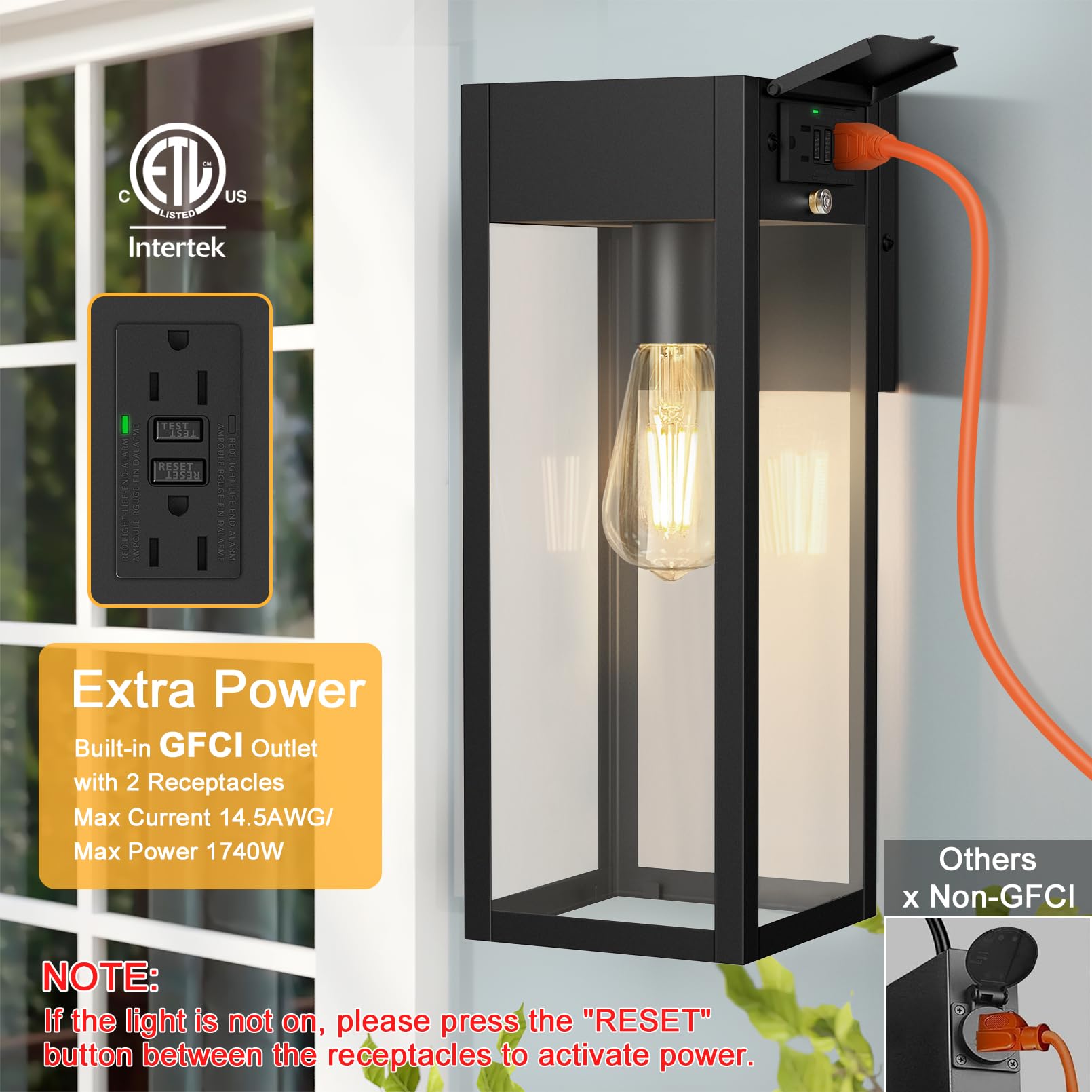 Oykyohei Large Porch Light With Gfci Outlet, 15 Inch Outdoor Light With Outlet Built-In, Waterproof Exterior Light Fixtures Wall