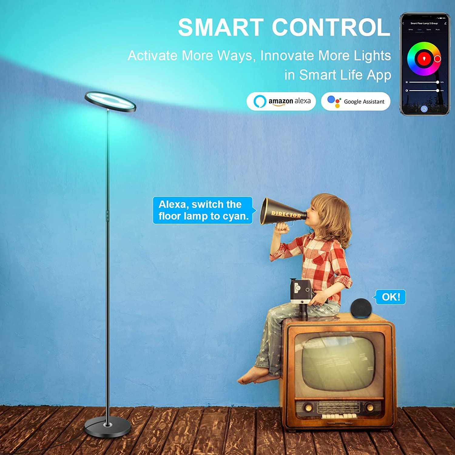 Upgraded 30W Smart Floor Lamp Compatible With Alexa, 2 In 1 Color Changing Rgb And White Light Led Lamp, Double Side Lighting Di