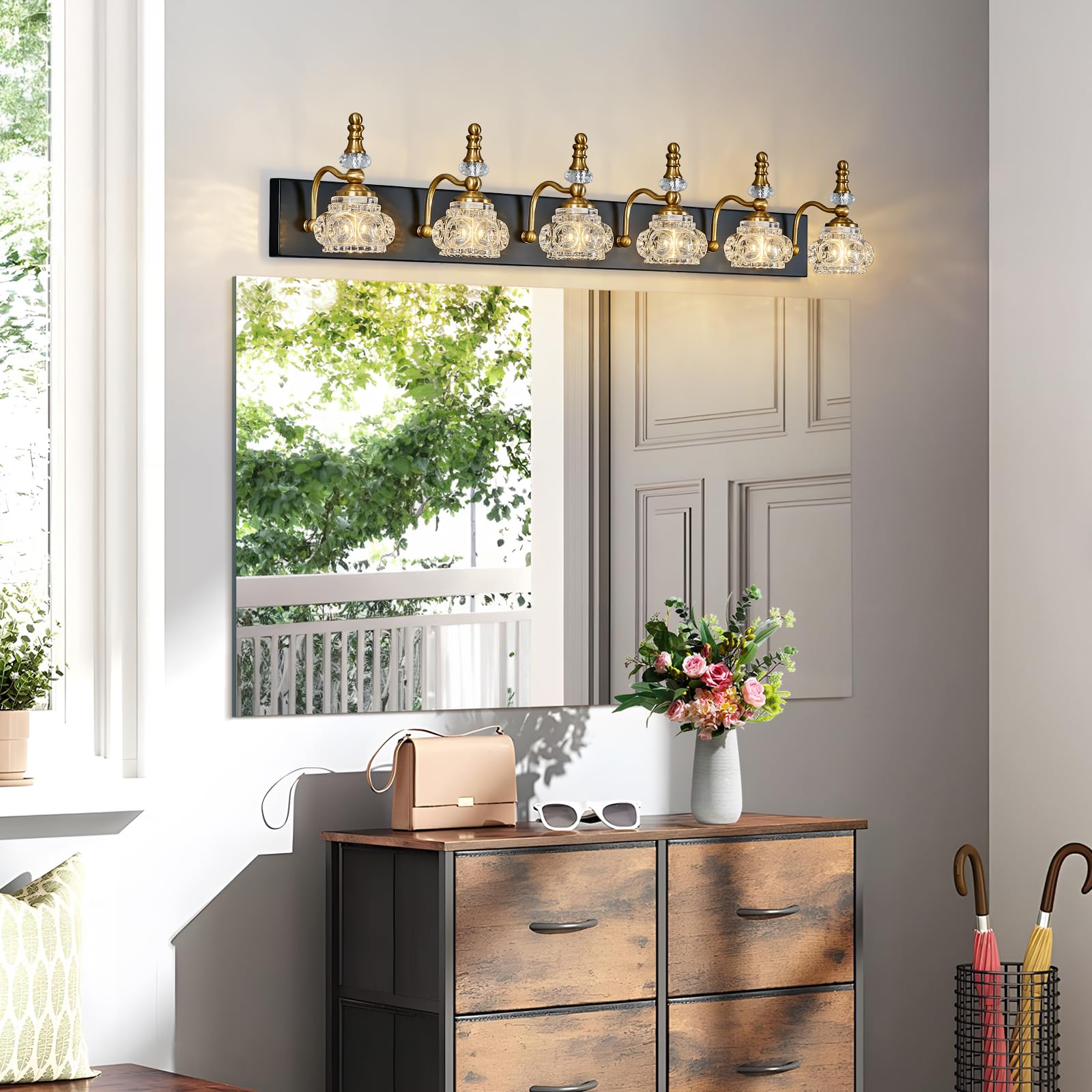 Lbsqj 6-Light Vintage Bathroom Vanity Light Fixture Industrial Black Gold With Glass Shade Vanity Light Fixtures Over Mirror Glass Bathroom Vanity Lighting Fixtures G9 Bulb Wall Lights