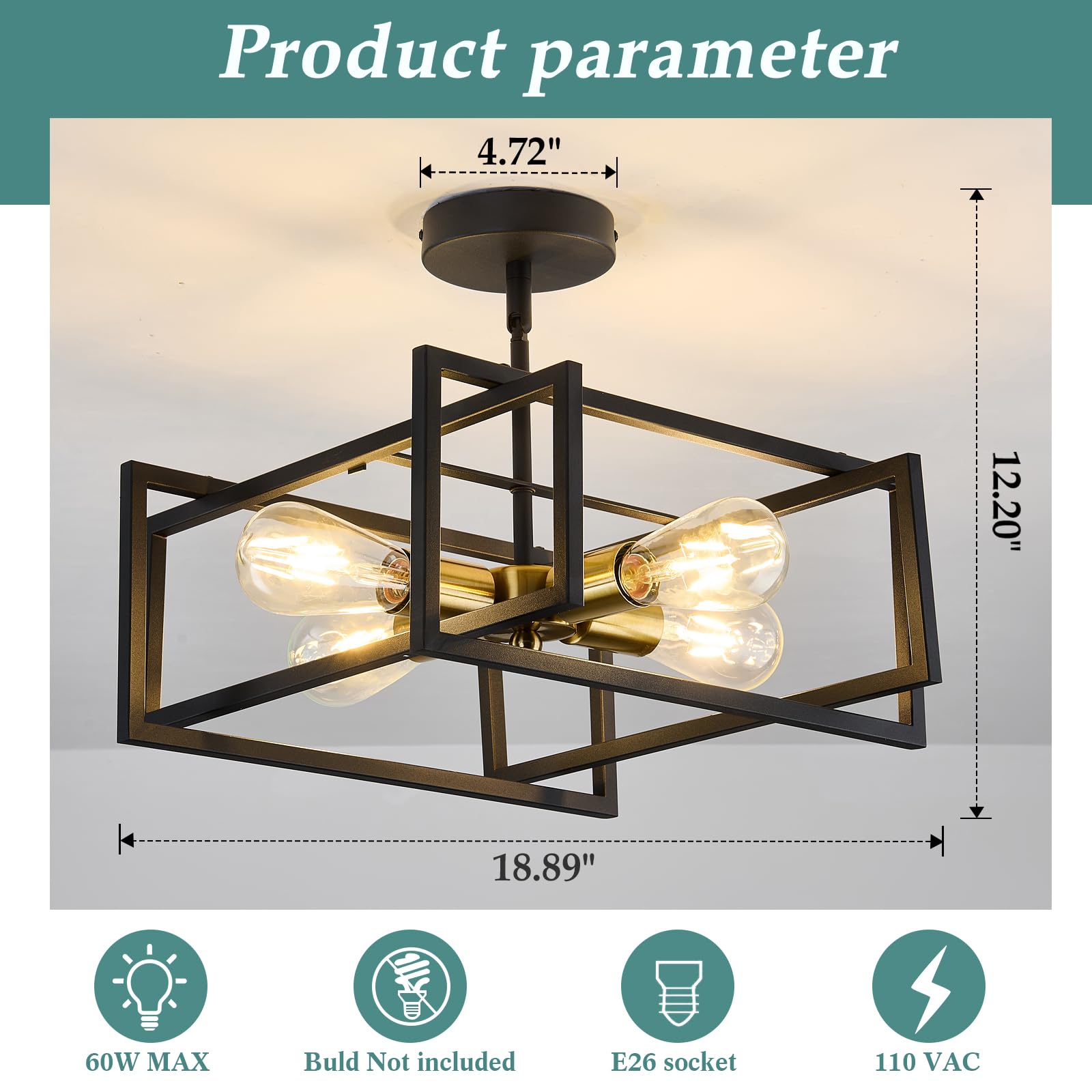 Zglaojt 4-Lights Close To Ceiling Light Black And Gold Light Fixture Industrial Flush Mount Ceiling Light Farmhouse Chandelier L