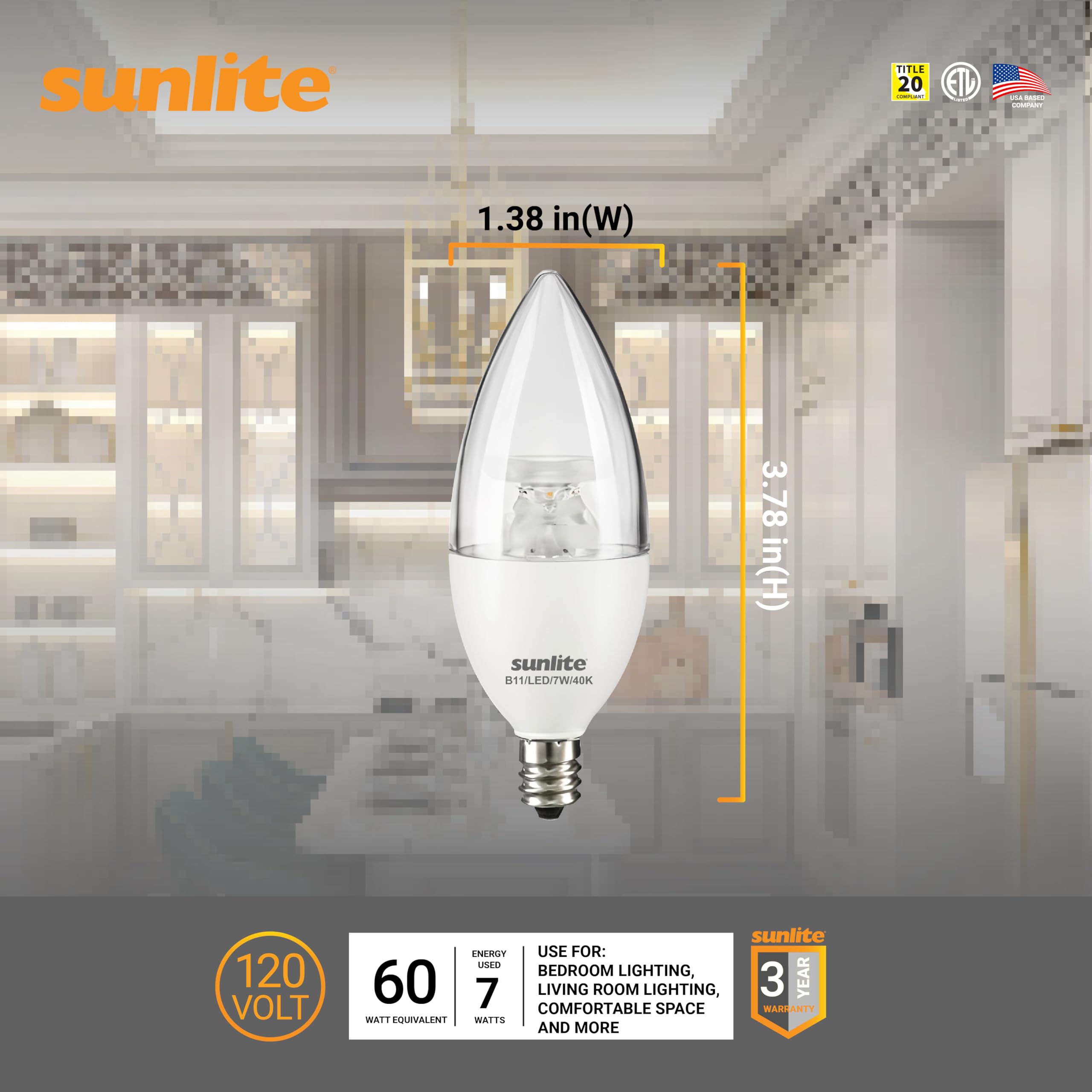 Sunlite LED B13 Chandelier Bulb, 7W (60W), 500 Lumens, Dimmable, E12 Base, 4000K Cool White, 6 Pack,