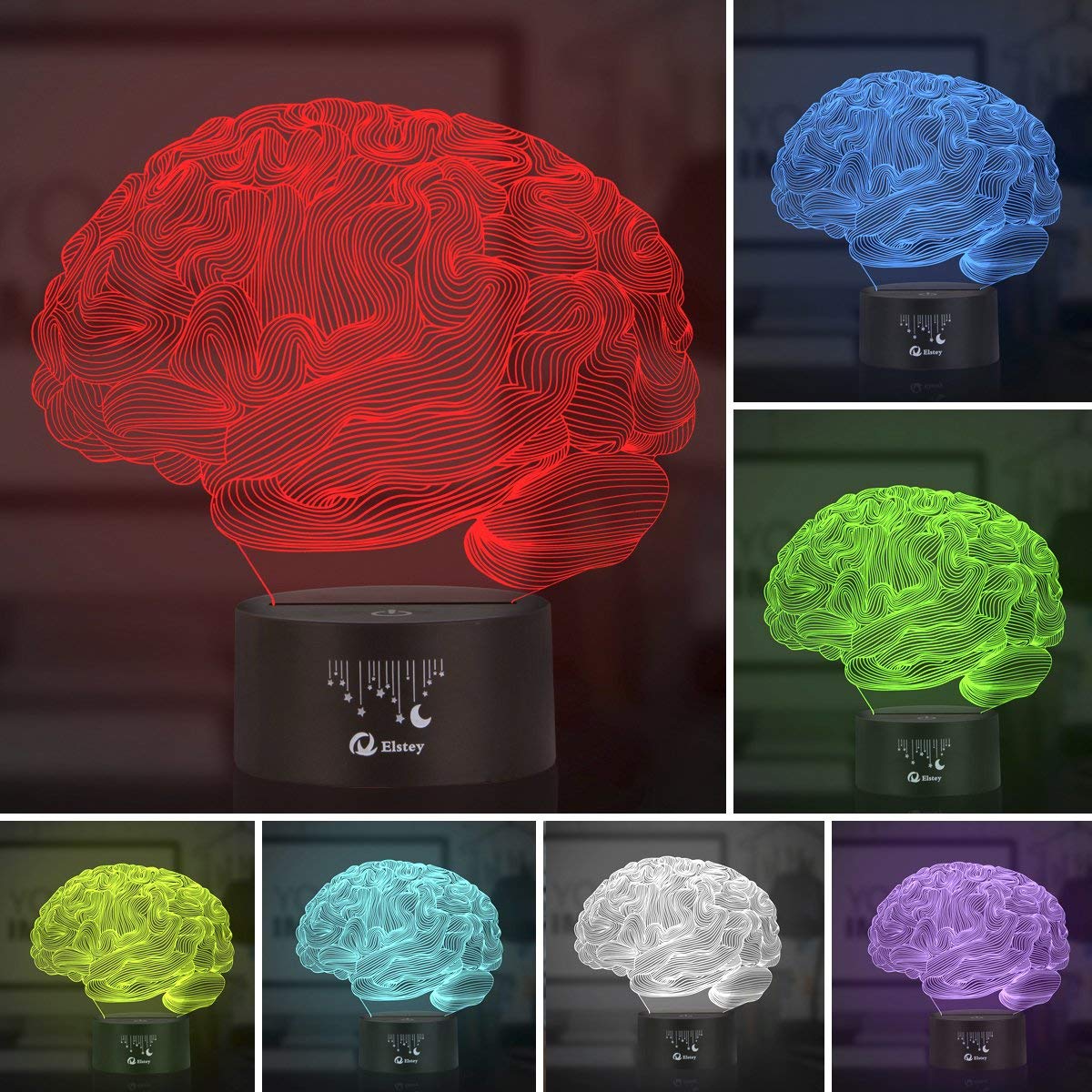 Elstey Brain 3D Night Light Table Desk Lamp, 7 Colors Optical Illusion Touch Control Lights with Acrylic Flat & ABS Base & USB C