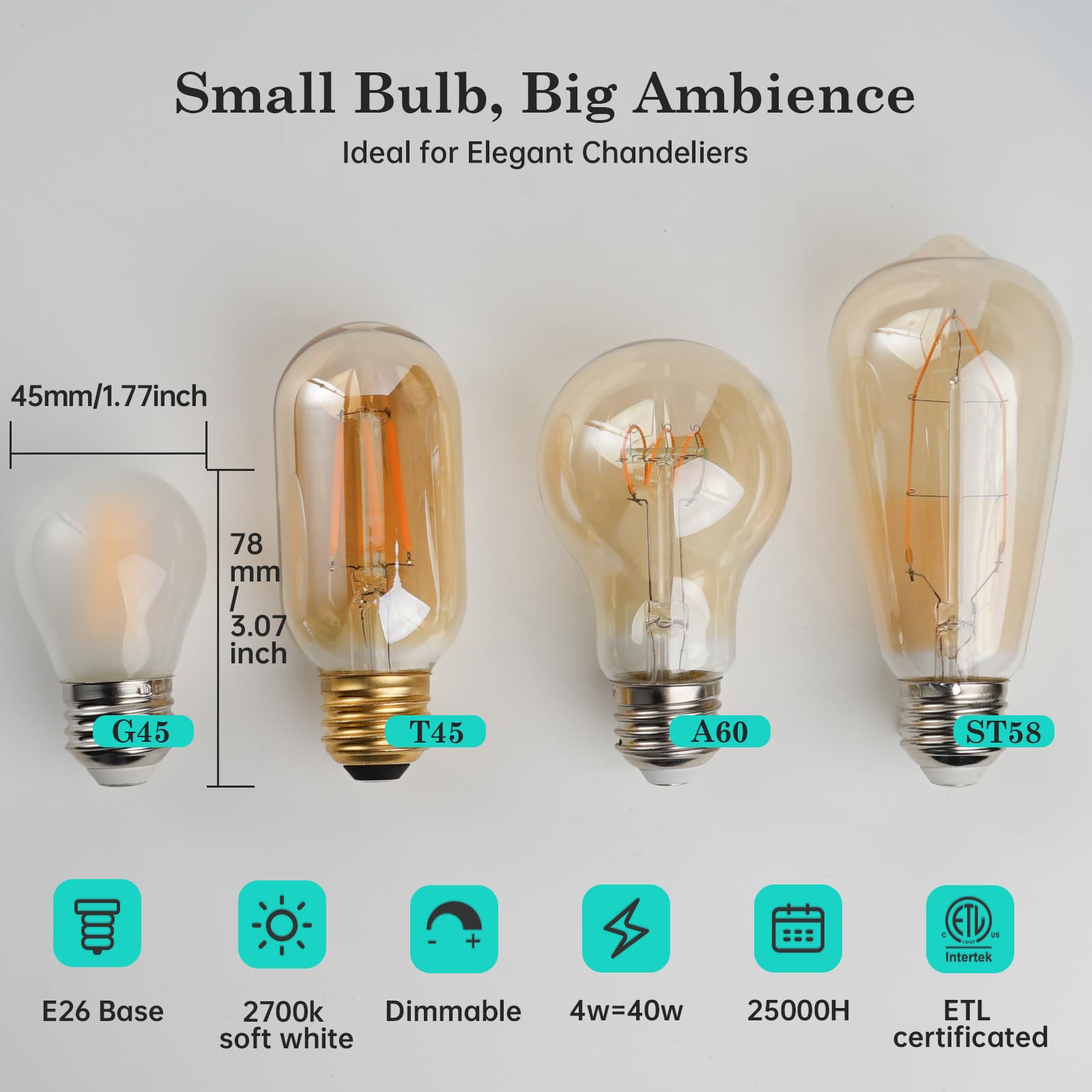AMDTU E26 Globe Light Bulbs, 40W Dimmable Frosted G16.5, Soft White 2700K, 6 Pack, Glass Vintage Chandelier Bulbs