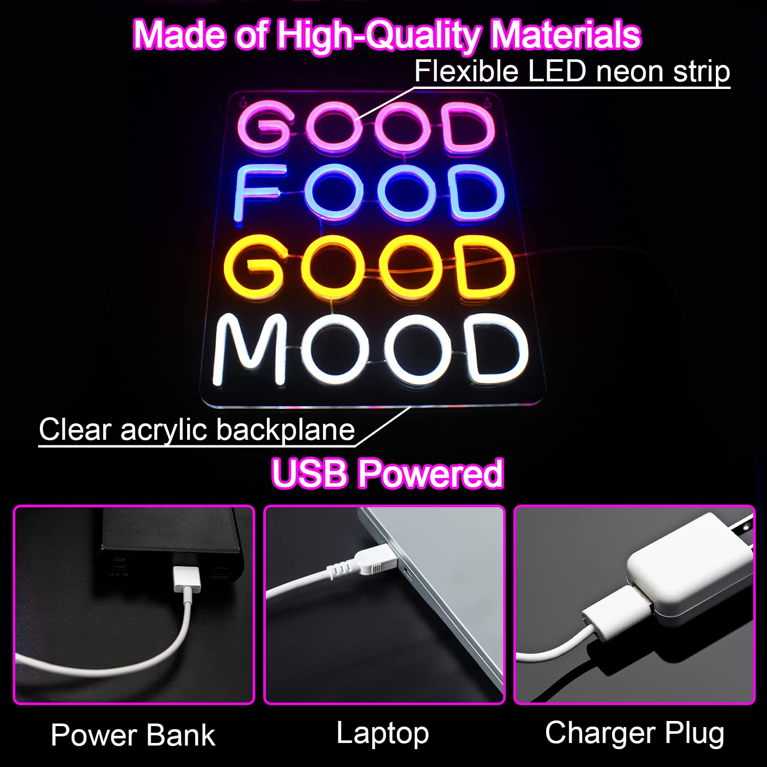 Horseneon Neon LED Sign - Good Food Good Mood - USB Powered Wall Decor - Multicolour - Model Good Food Good Mood-1235