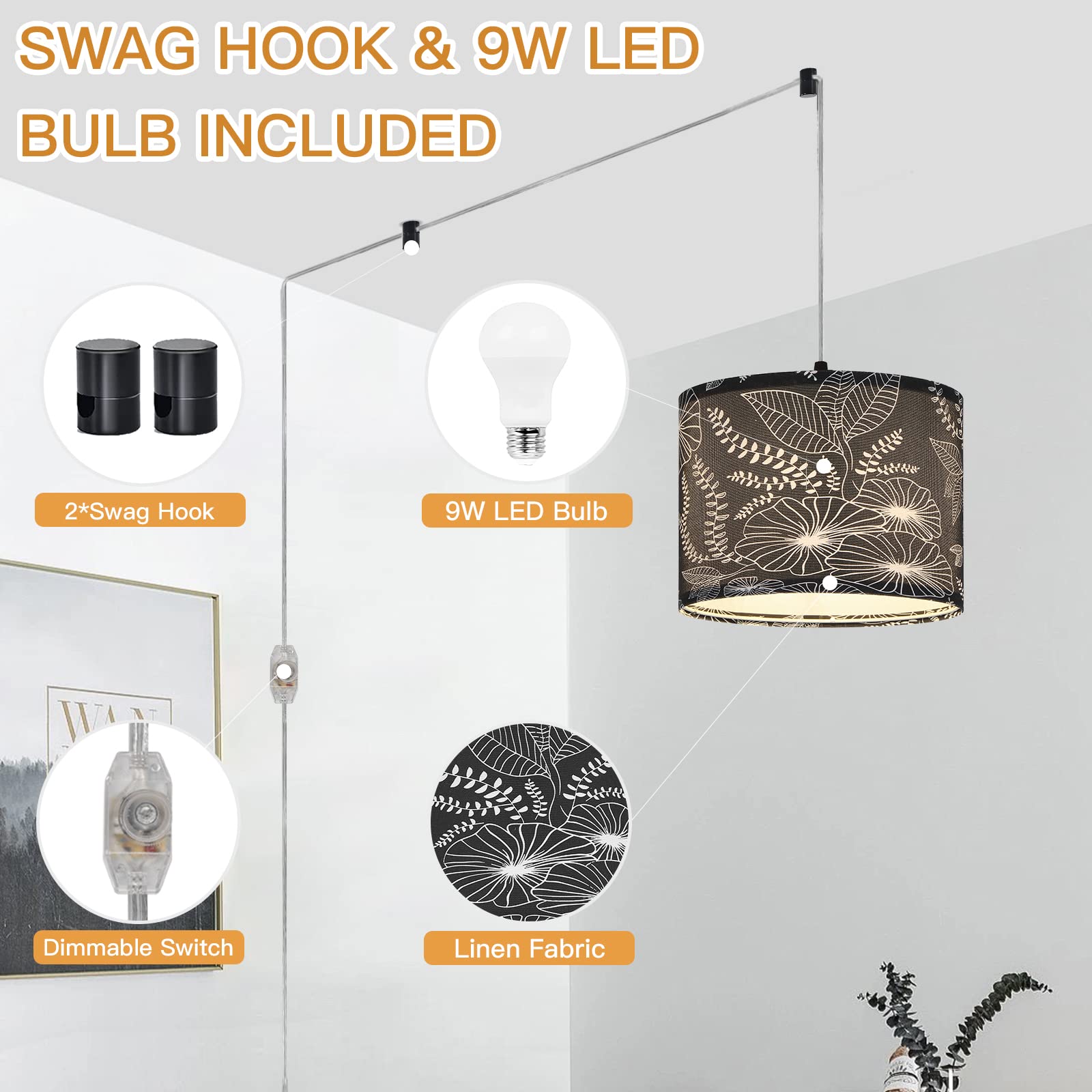 Cinsary Plug In Pendant Light, Hanging Light With Plug In Cord With Dimmable Switch, Hanging Lamp With 15 Ft Clear Cord, Black P