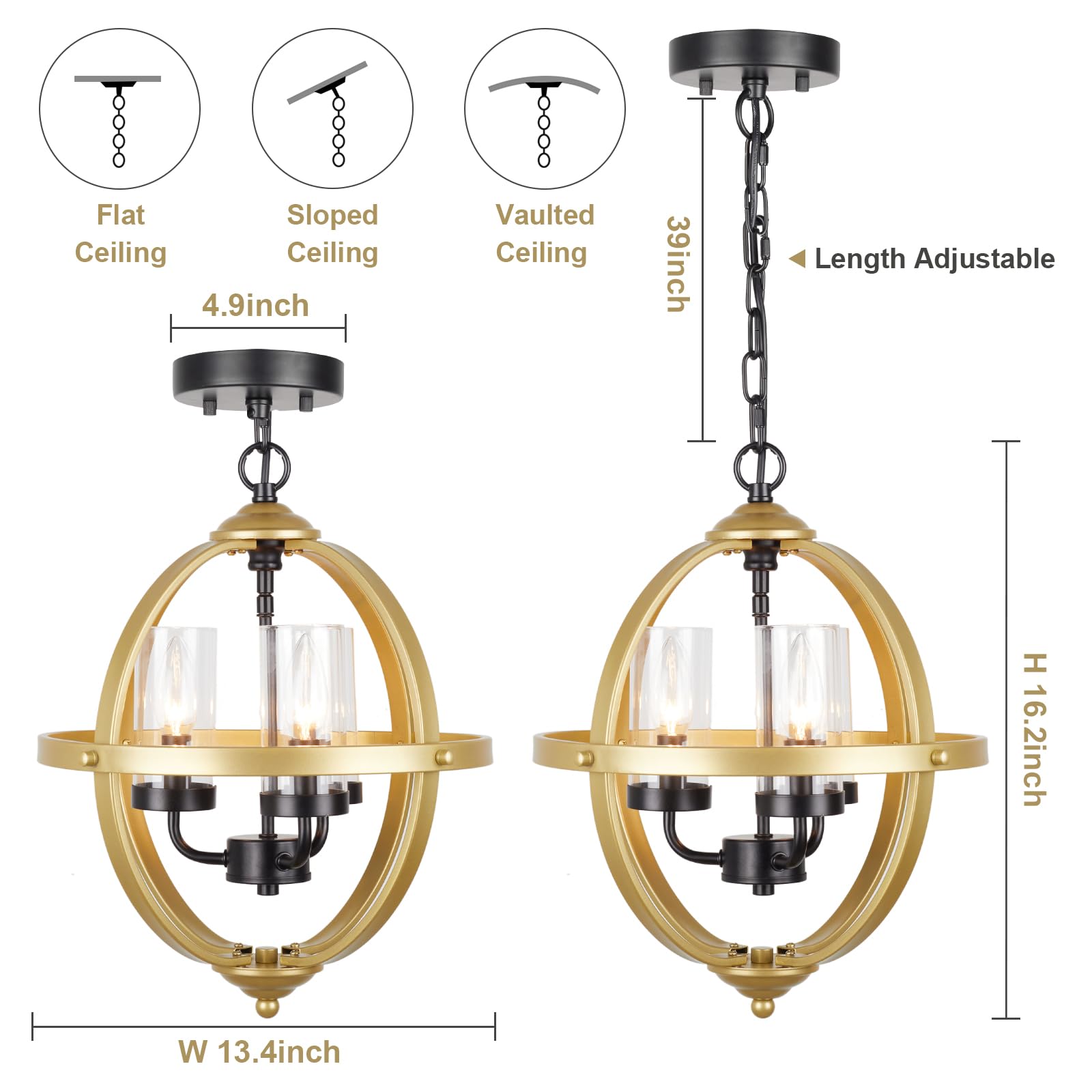 Treekee Rustic Chandelier, 14'' Gold Glass Cover Luxurious Hanging Light, 3-Light Globe Vintage Pendant Ceiling Light Fixtures F