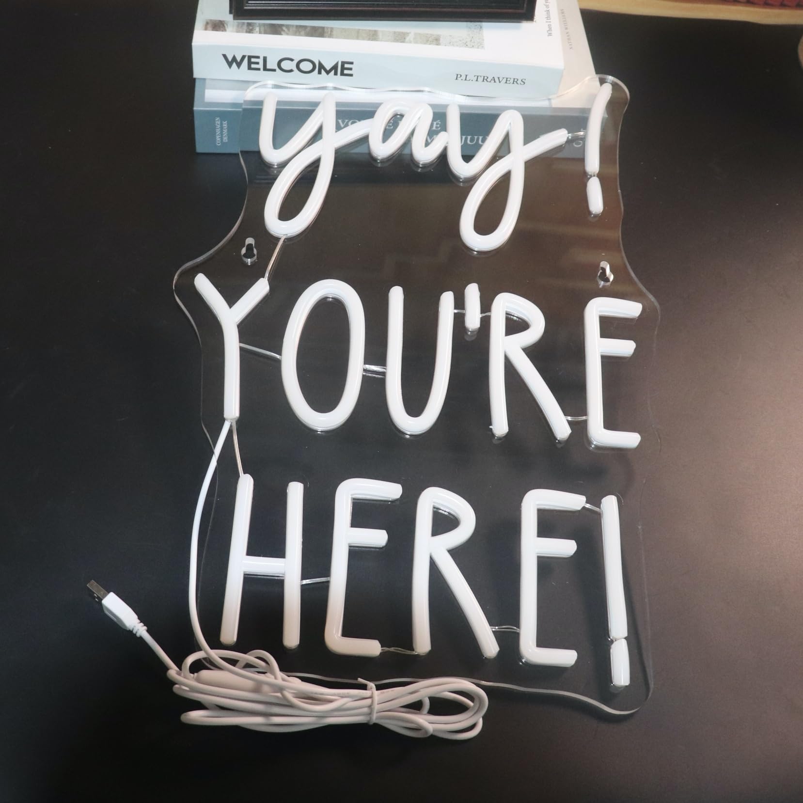 QiaoFei Neon Sign - "Yay! You're Here!" Positive Quotes Wall Decor, 12" Square, White, Silicone, Model QFLGT240914013