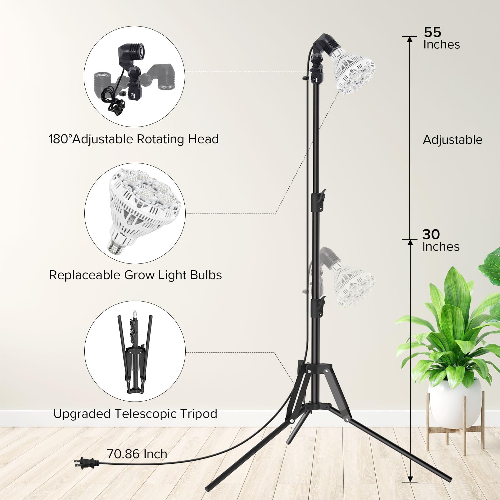 SANSI Grow Lights for Indoor Plants, 30W Full Spectrum, 4 Dimmable Levels, Adjustable Tripod 30in-55in, Black, Model C21GL-CE26-30W