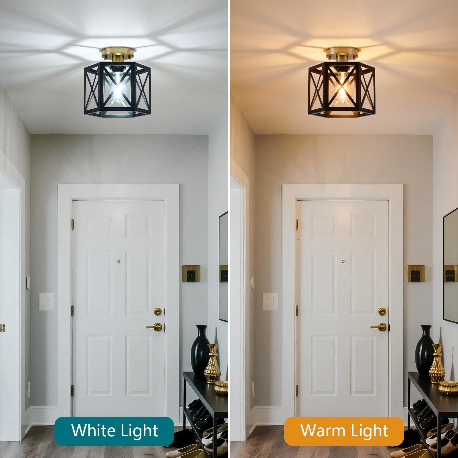 XSDeTu Flush Mount Ceiling Light, Black & Gold Metal, Hexagonal Cage Design, Modern Small Chandelier, 2 Pack