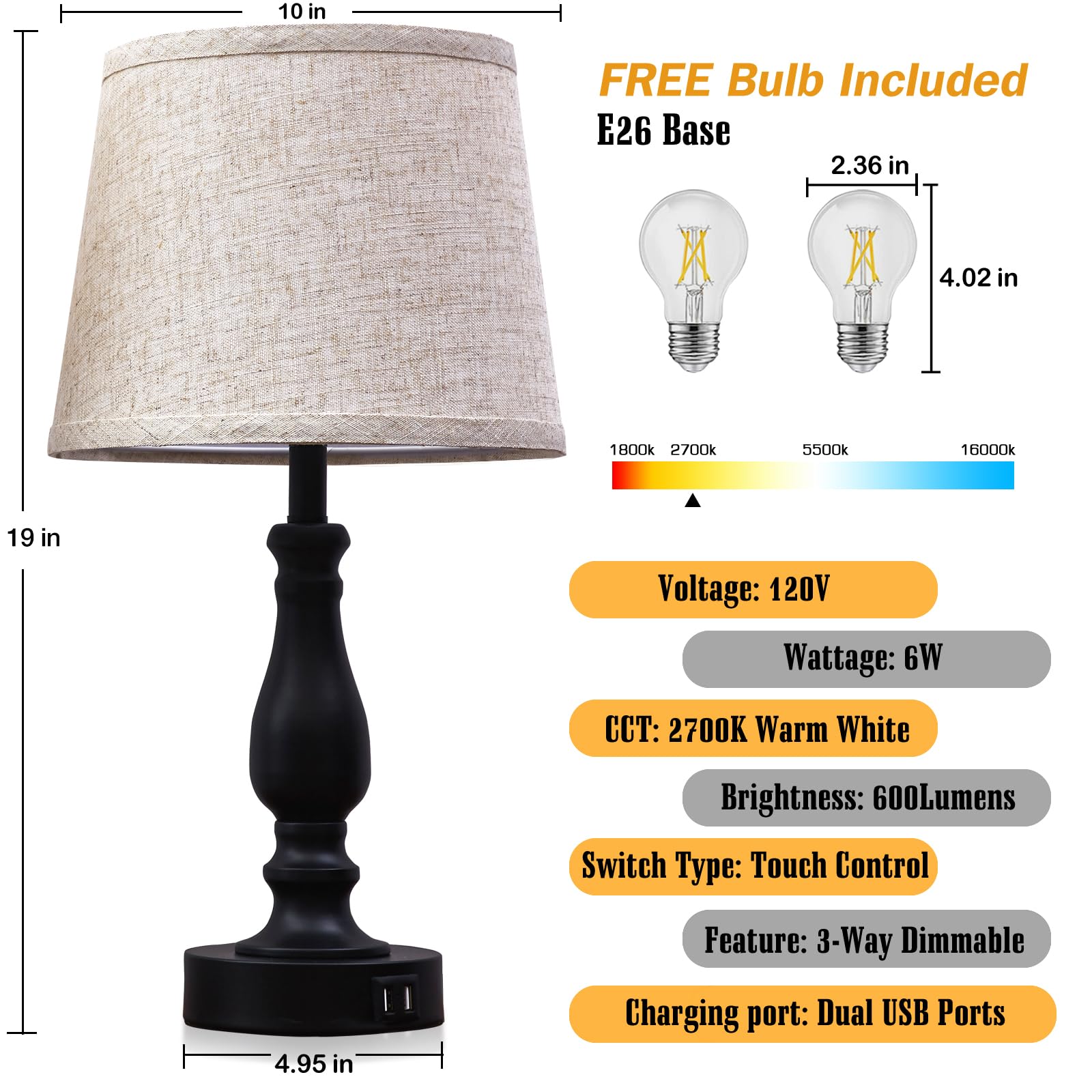 EJIAXIN Table Lamps Set of 2 - 3-Way Dimmable Touch, Beige Linen Shade, USB Charging Ports, Modern Design, Model E-98008A