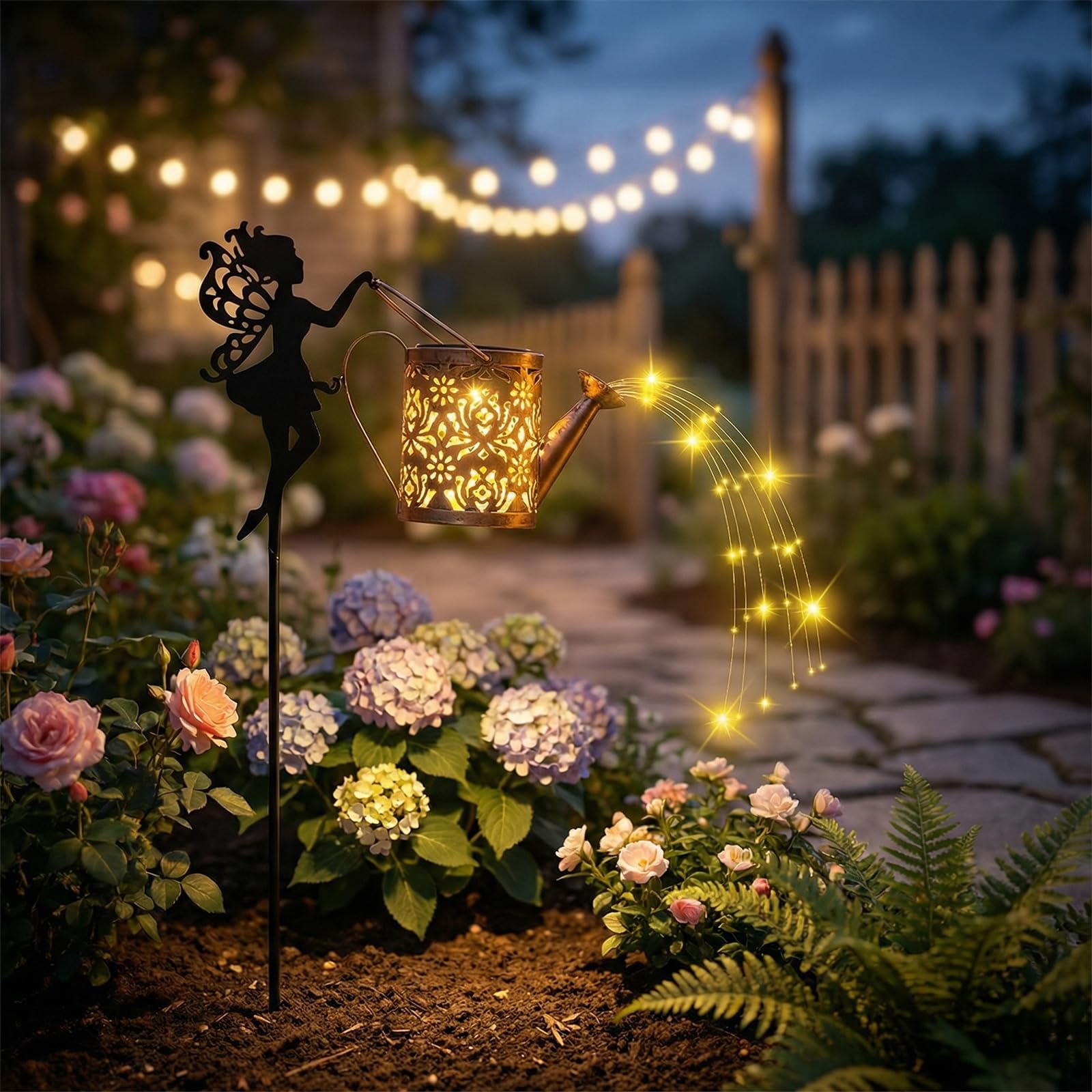 Luckybell Solar Watering Can with Cascading Lights Outdoor Garden Decor,Waterproof Solar Lantern with Fairy Shepherd Hook,Solar 