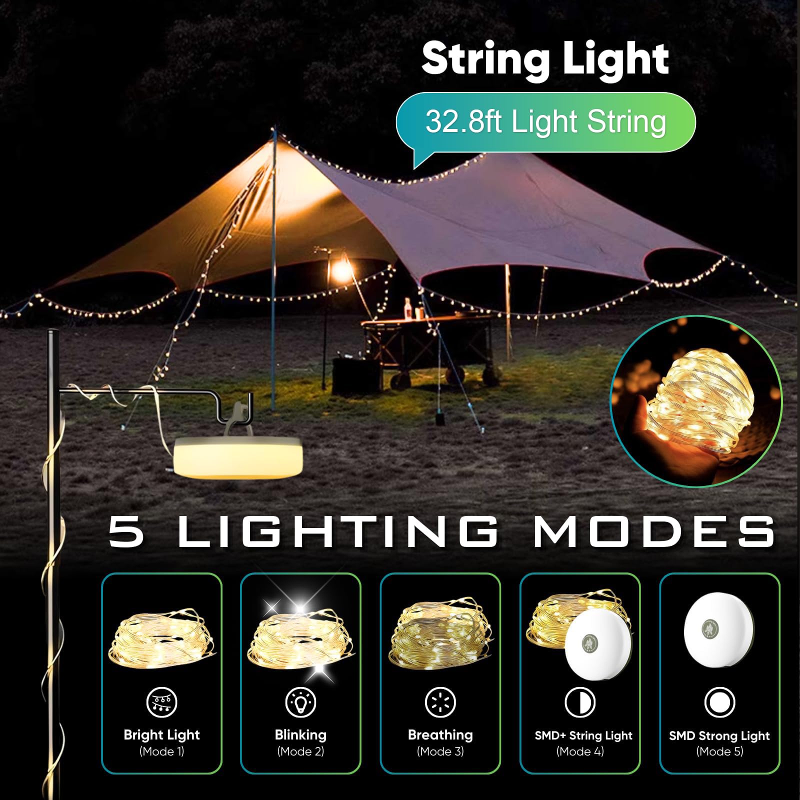 Lilyabeille Camping String Lights - Outdoor Rechargeable Camp Lamp With 5+3 Modes, Portable Retractable, Waterproof Led, 32.8 Ft