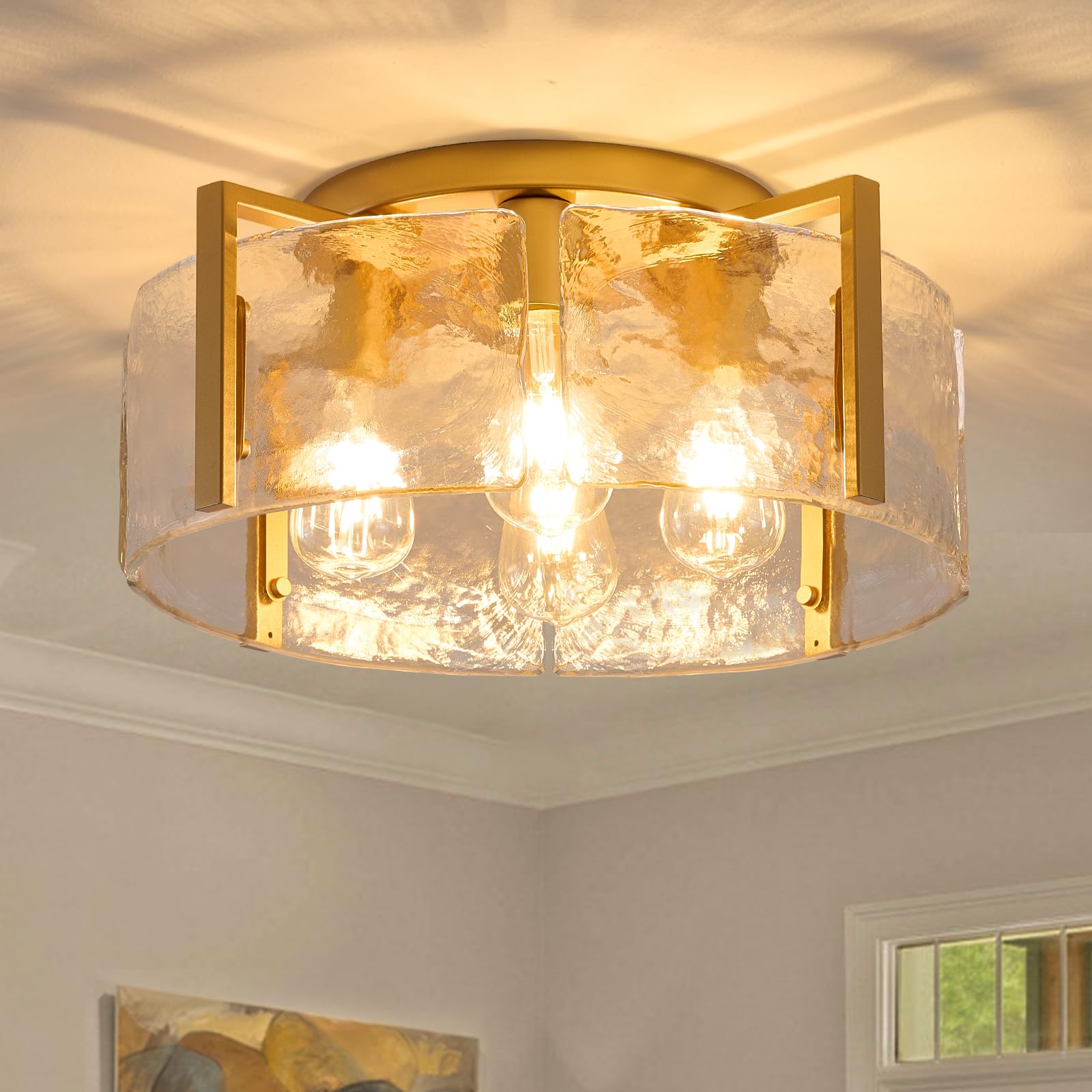 MIAYBPH Gold Semi Flush Mount Ceiling Light Fixture  17.7-Inch Farmhouse Modern Flush Mount Light Glass Drum Lights Foyer Lighting Fixtures for Kitchen Entryway Hallway Bathroom Bedroom Laundry Room