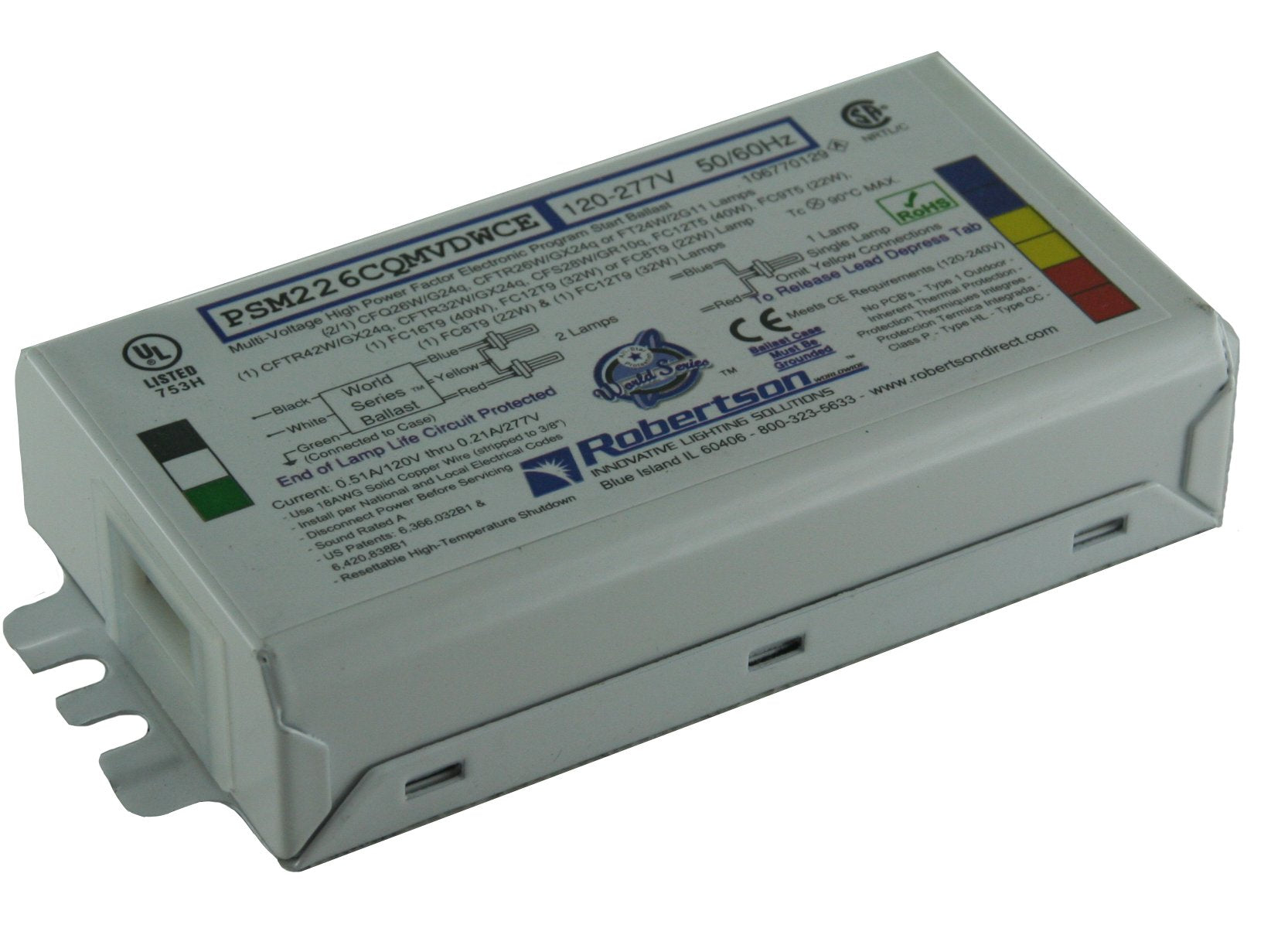 Robertson 3P20145 Individual Fluorescent Eballast, 2 Cfq26W/G24Q Cfl Lamp, Program Start, 120-277Vac, 50-60Hz, Normal Ballast Factor, Hpf, Model Psm226Cqmvdwce (Replaces Psm226Cqmvdw Or Psm226Cqmvw)