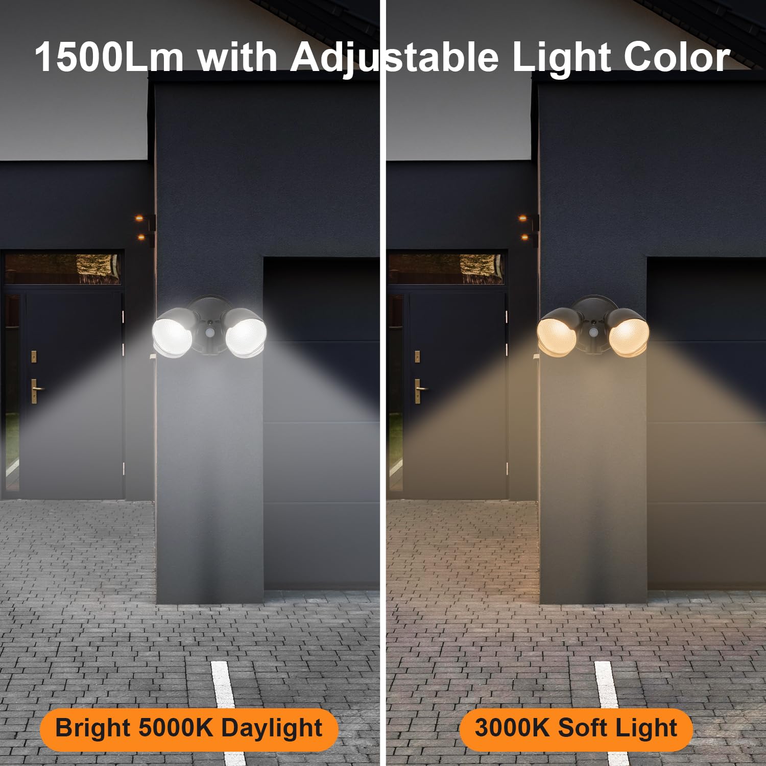 Celavy 15W Led Flood Light Outdoor, 1500 Lumen Exterior Security Lights, 3000K/5000K Light, Ip65 Waterproof, Dual-Head Wall/Eave Mount Flood Light Energy Saving For Garage, Patio, Yard (Black)