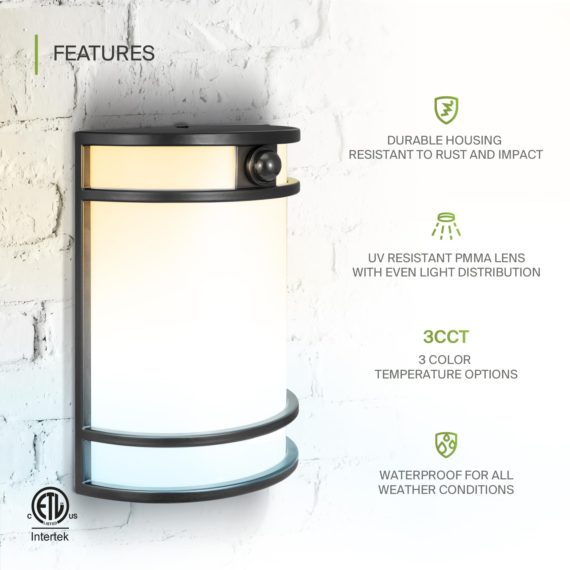 ASD 10 Inch LED Outdoor Wall Mount Light Fixture with Motion Sensor - Matte Black Wall Sconce Lighting - 15W 120-277V 3000K 4000