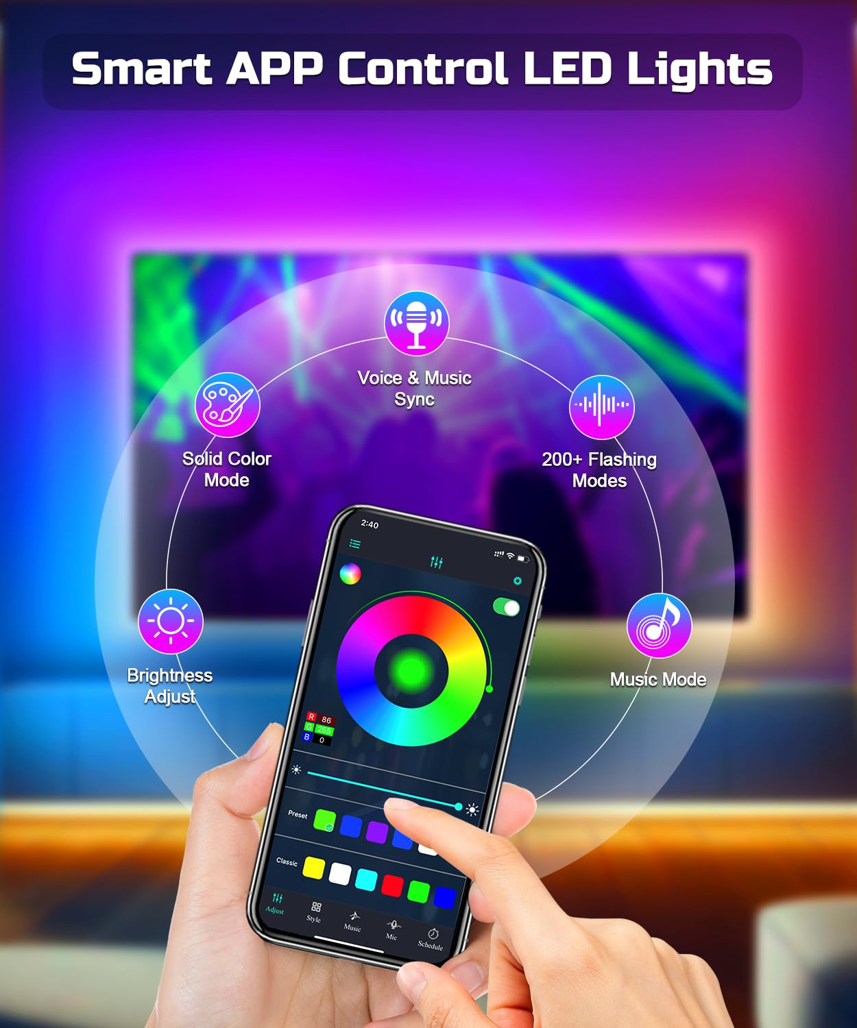 Dtqj Icrgb Tv Led Backlight, 9.84Ft Led Lights For 32-43Inch Tv, Music Sync Color Changing, With App And Remote Control, Usb Pow