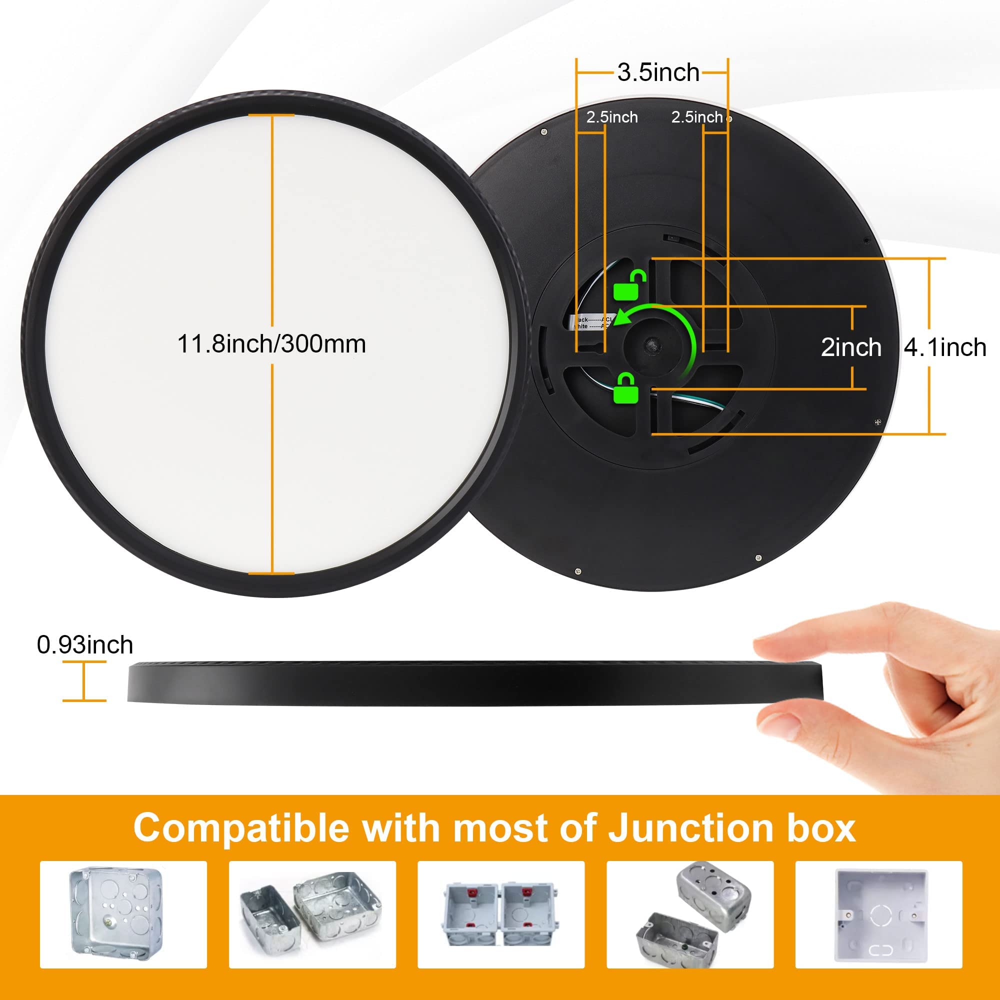 WKONCLDY LED Flush Mount Ceiling Light, 3200lm, 12in, Black, 5000K, 4-Pack