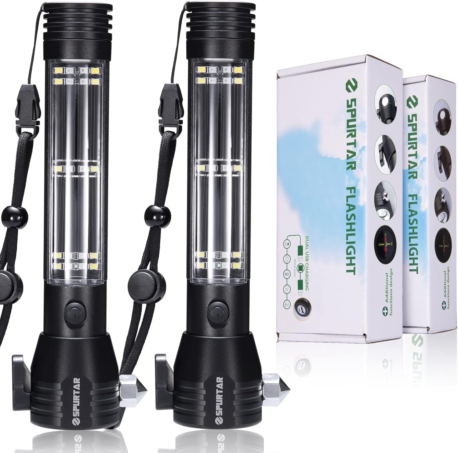 Spurtar Solar/Rechargeable LED Flashlight, 2 Packs 2000mAh USB Rechargeable Tactical Torch Multi Function Ultra Bright Flashligh