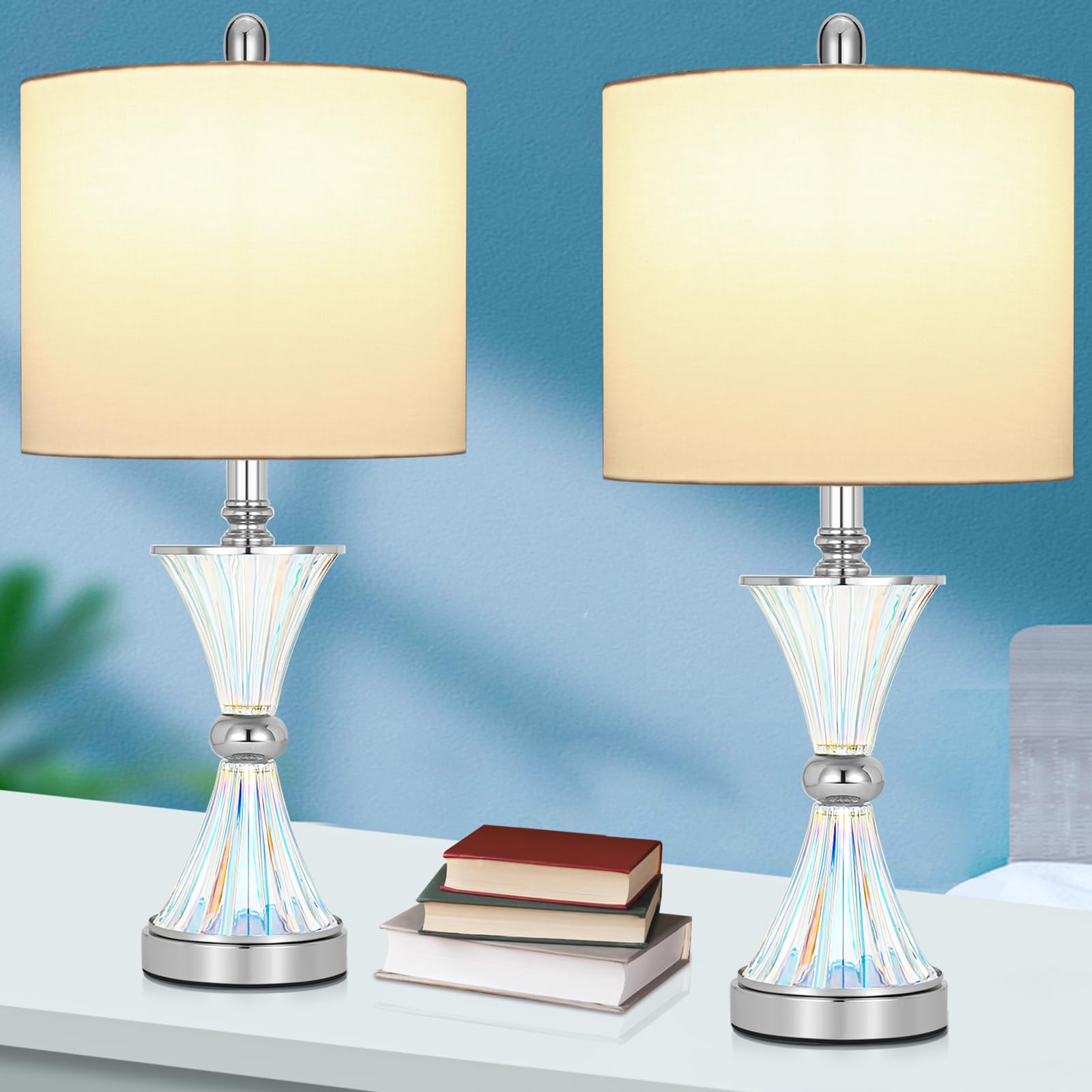 Tpamswo Crystal Glass Table Lamps Set Of 2, Modern 24.5   High Crystal Bedside Lamps, For Bedroom Living Room Home Office Desk N